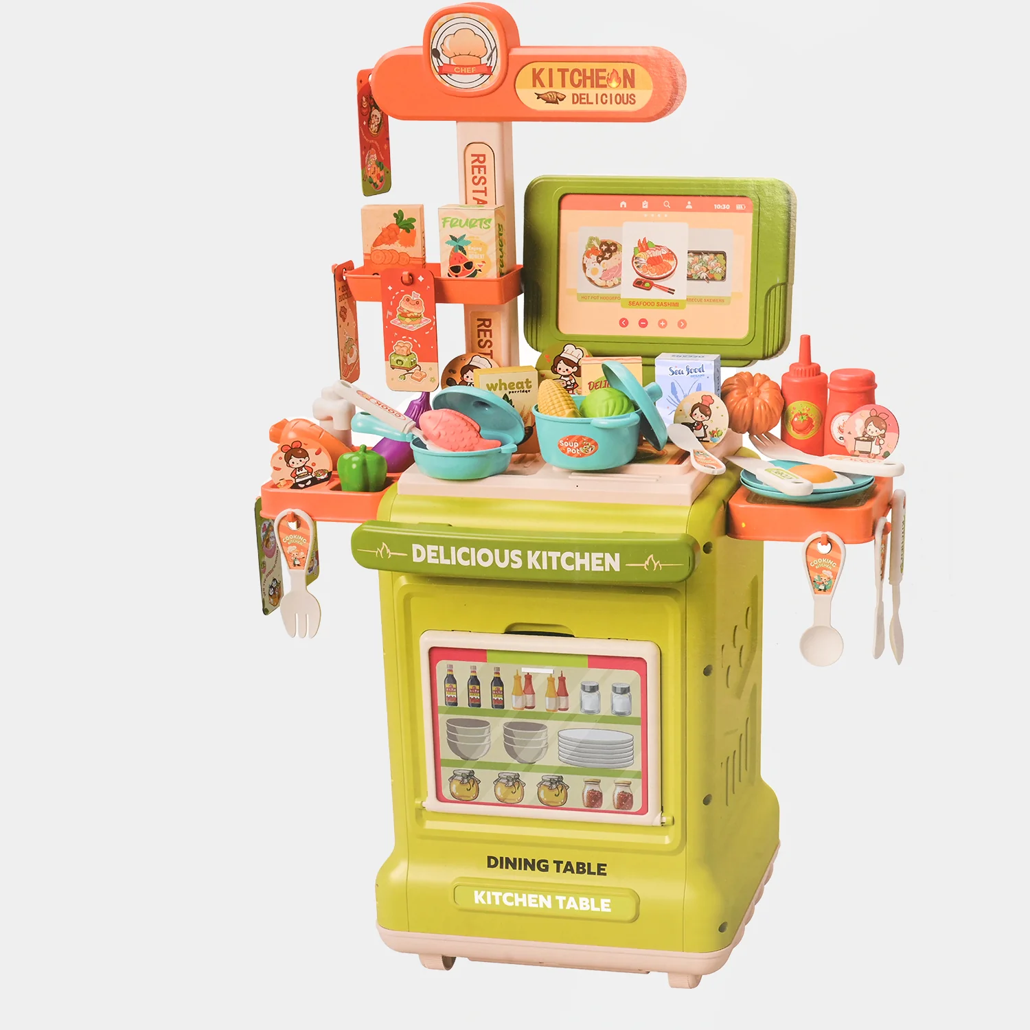 2-in-1 Kids Kitchen Dining Table & Handcart Playset - Image 2