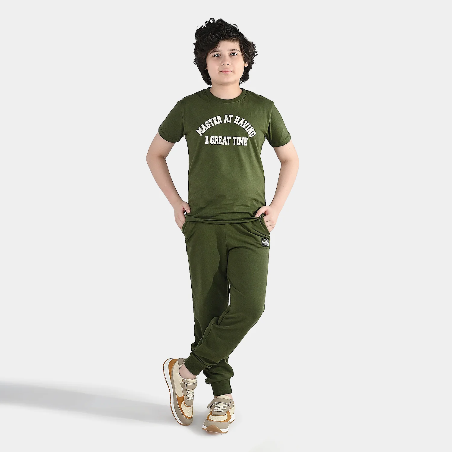 Boys Jersey/Terry 2 Piece Suit A Great Time - Olive Green - Image 2