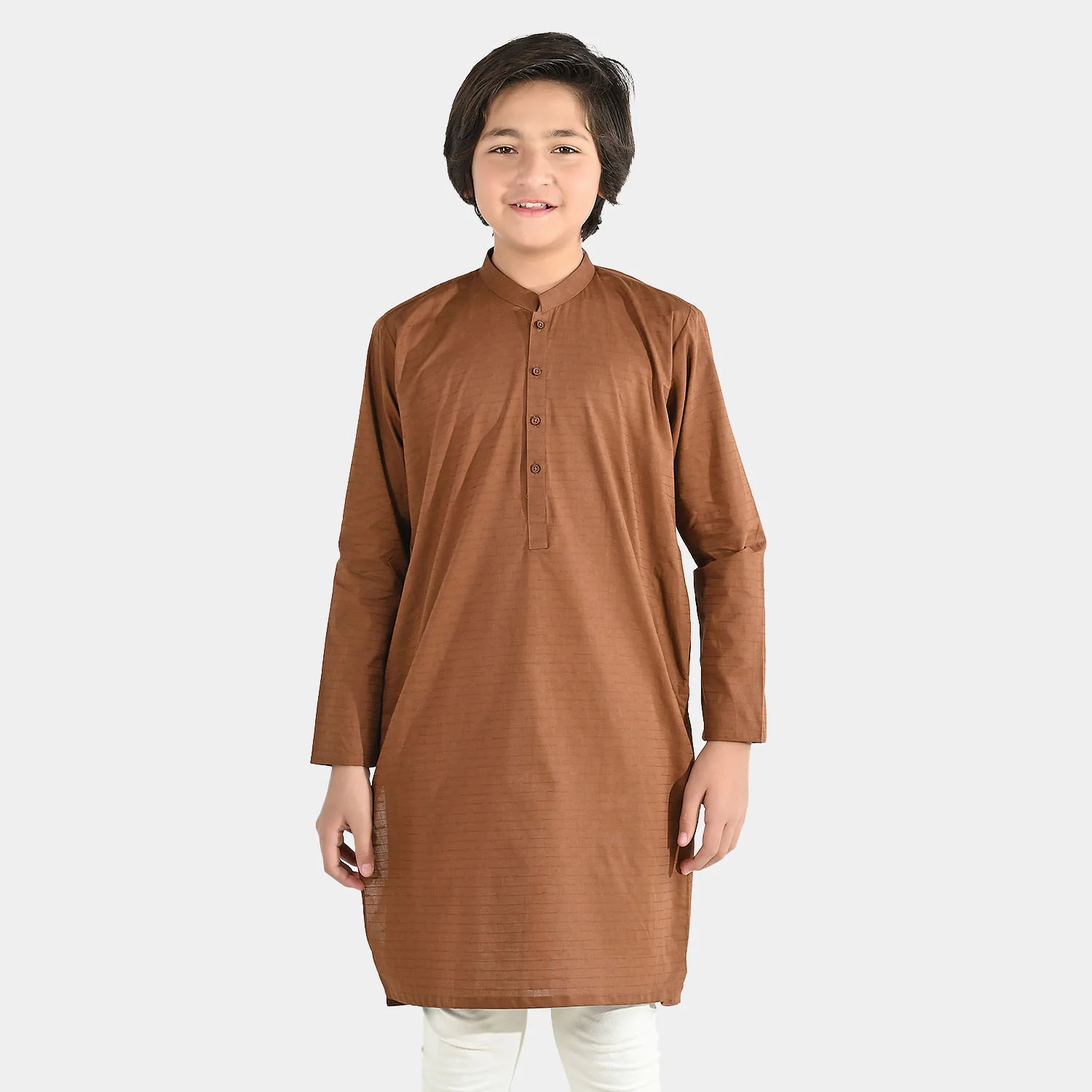 Boys Cotton Jacquard Basic Kurta - Cambridge Brown - Image 2