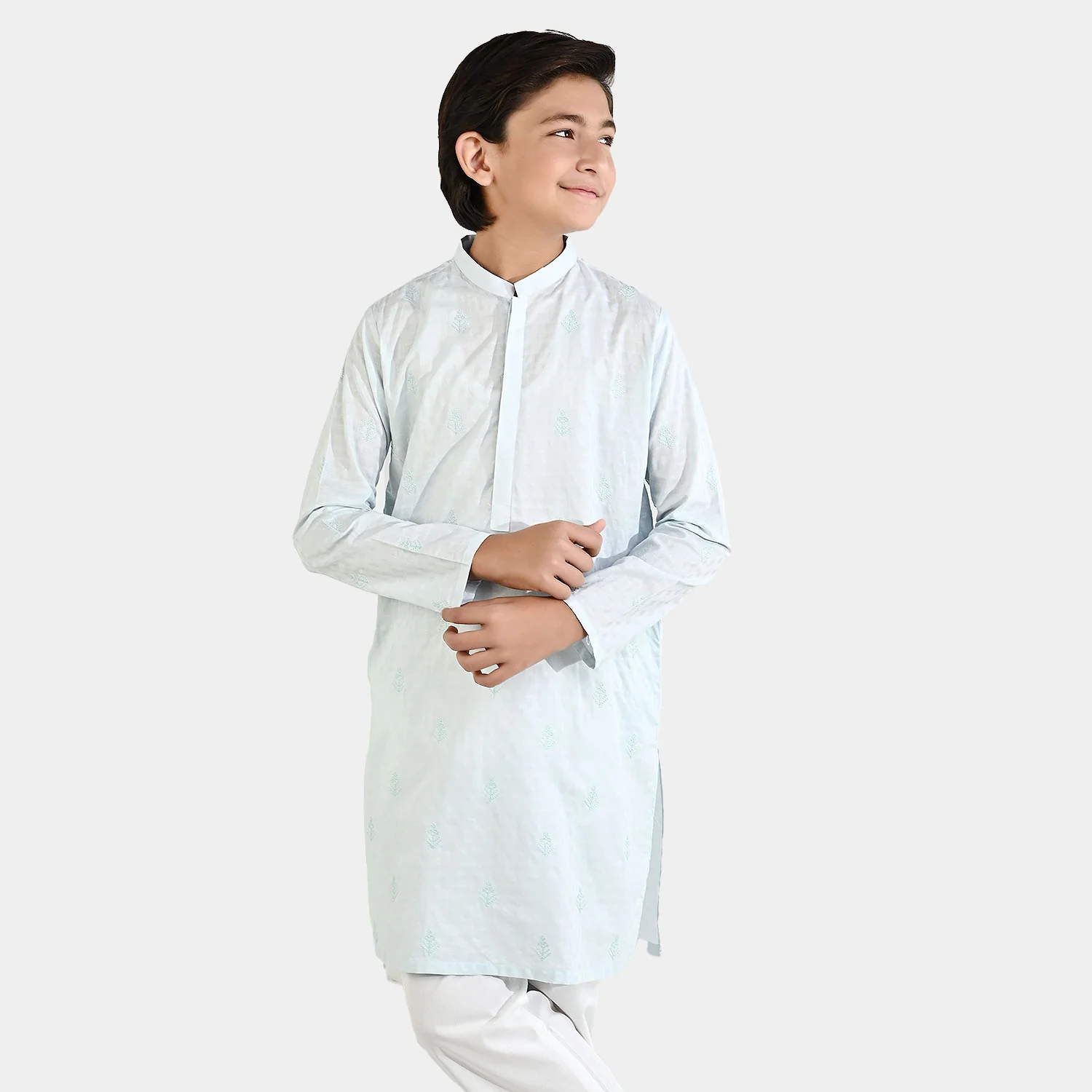Boys Cotton Jacquard Embroidered Kurta (Breeze) - Light Blue - Image 2