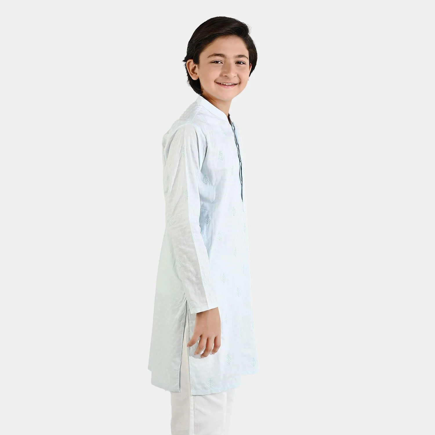 Boys Cotton Jacquard Embroidered Kurta (Breeze) - Light Blue - Image 4