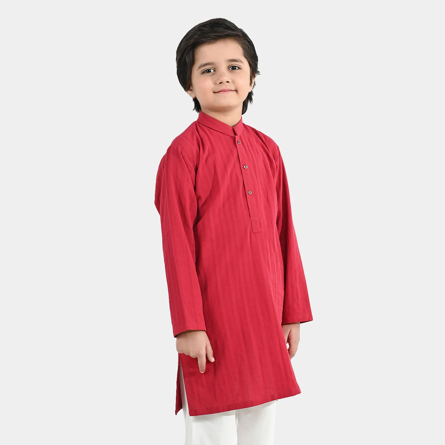 Boys Cotton Jacquard Kurta - Maroon - Image 3