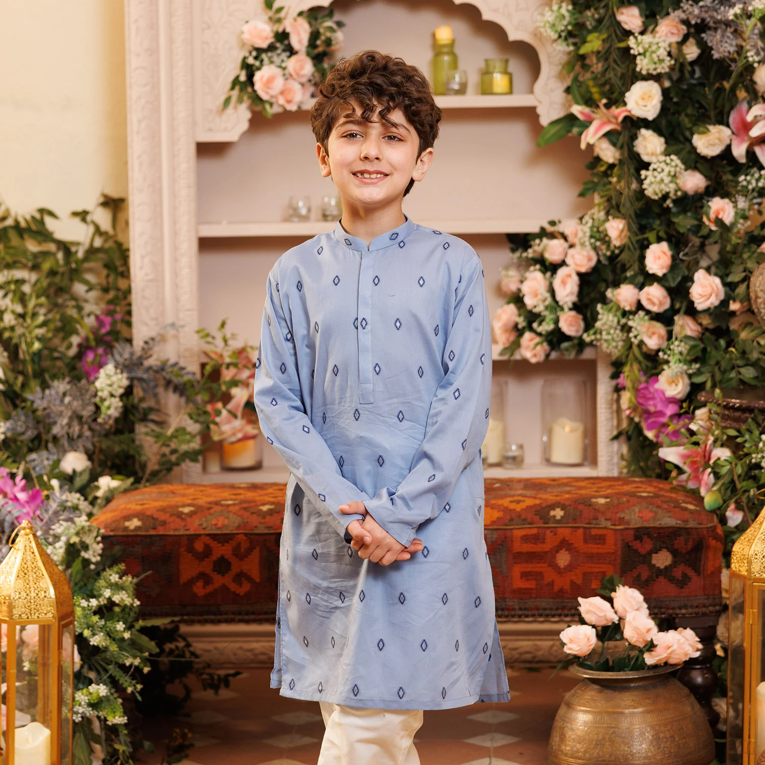 Boys Cotton Jacquard Printed Kurta (Tribal) - Blue - Image 2