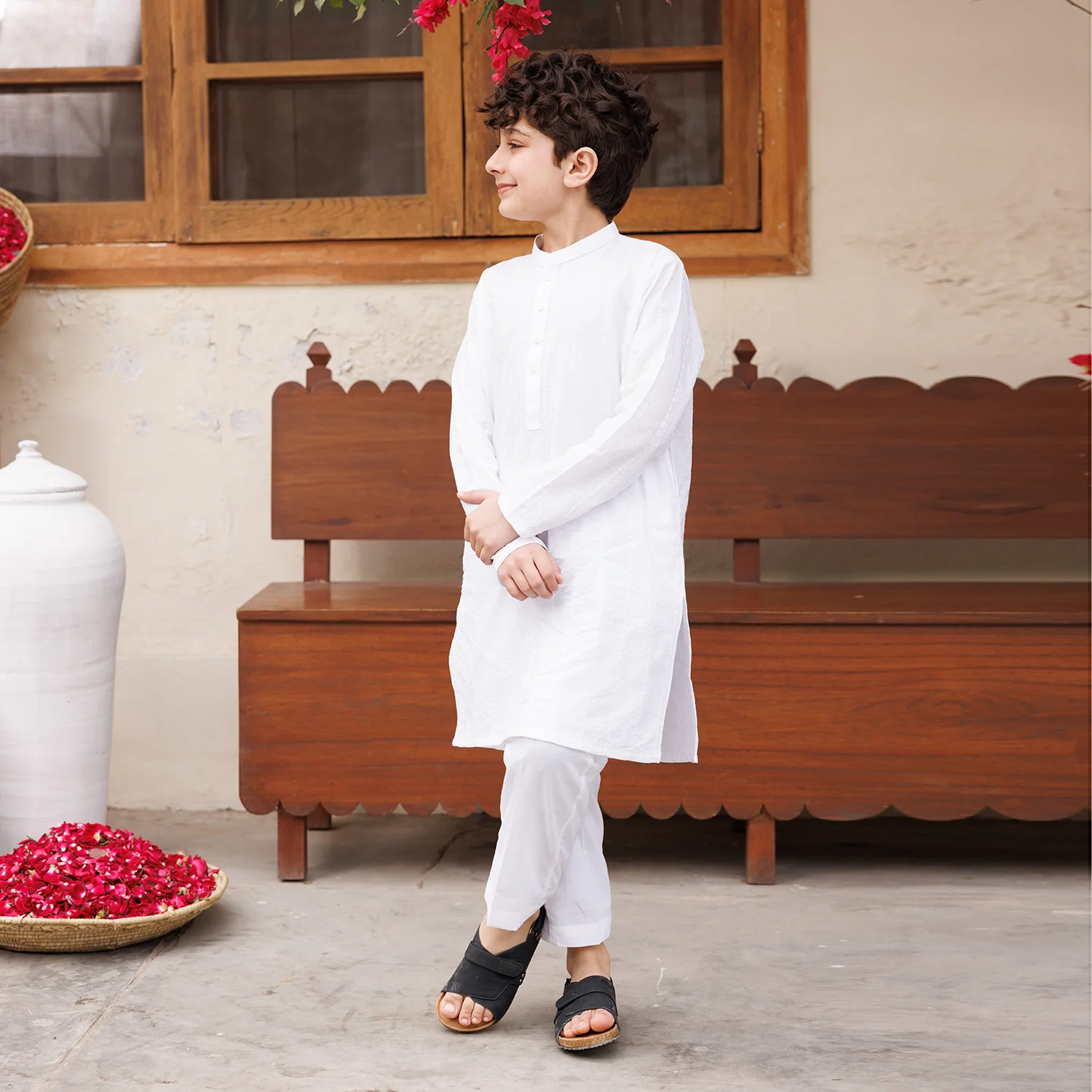 Boys Cotton Kurta Pajama (Chicken Kari) - White - Image 2