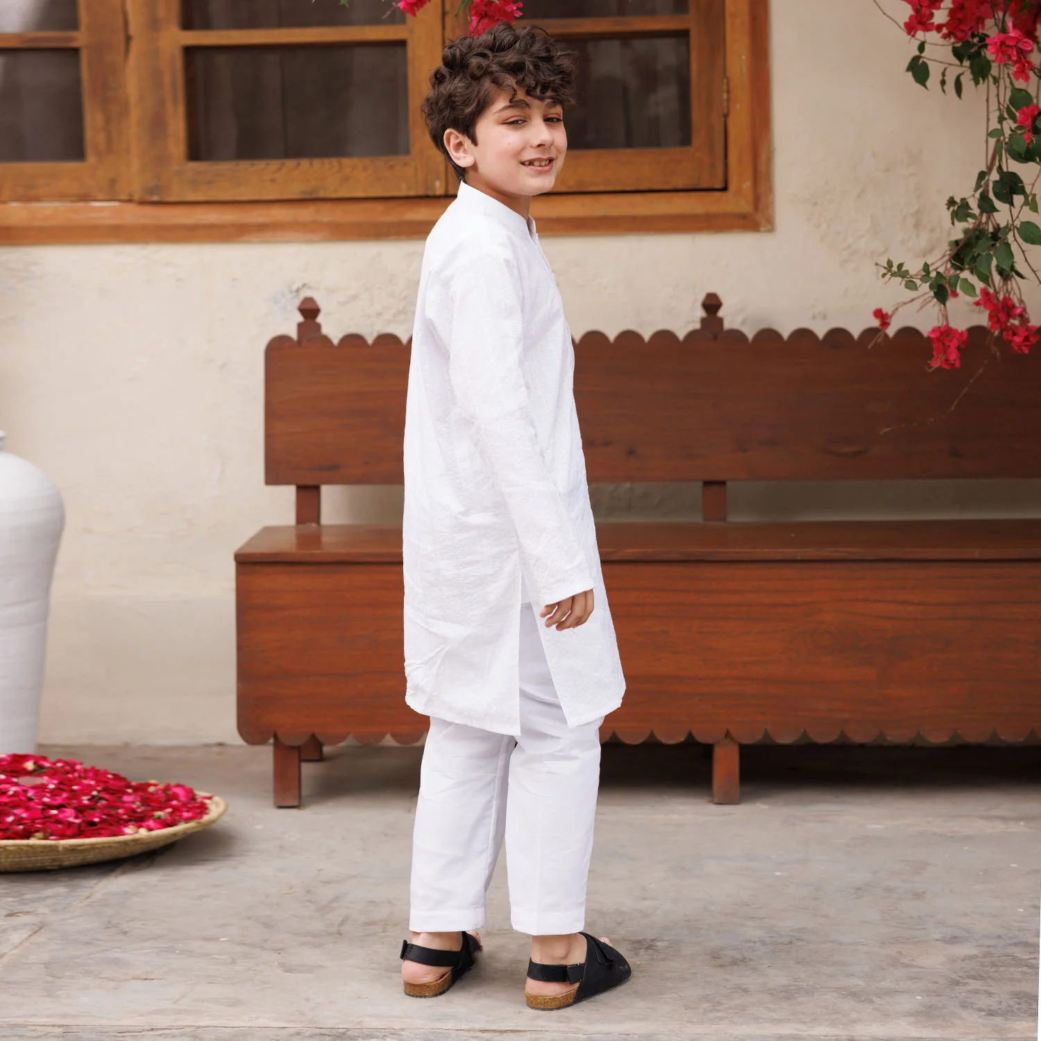 Boys Cotton Kurta Pajama (Chicken Kari) - White - Image 4