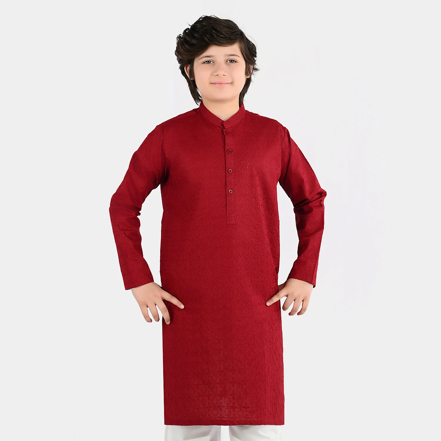 Boys Cotton Poplin Embroidered Kurta (Winery Chicken Kari) - Maroon - Image 3