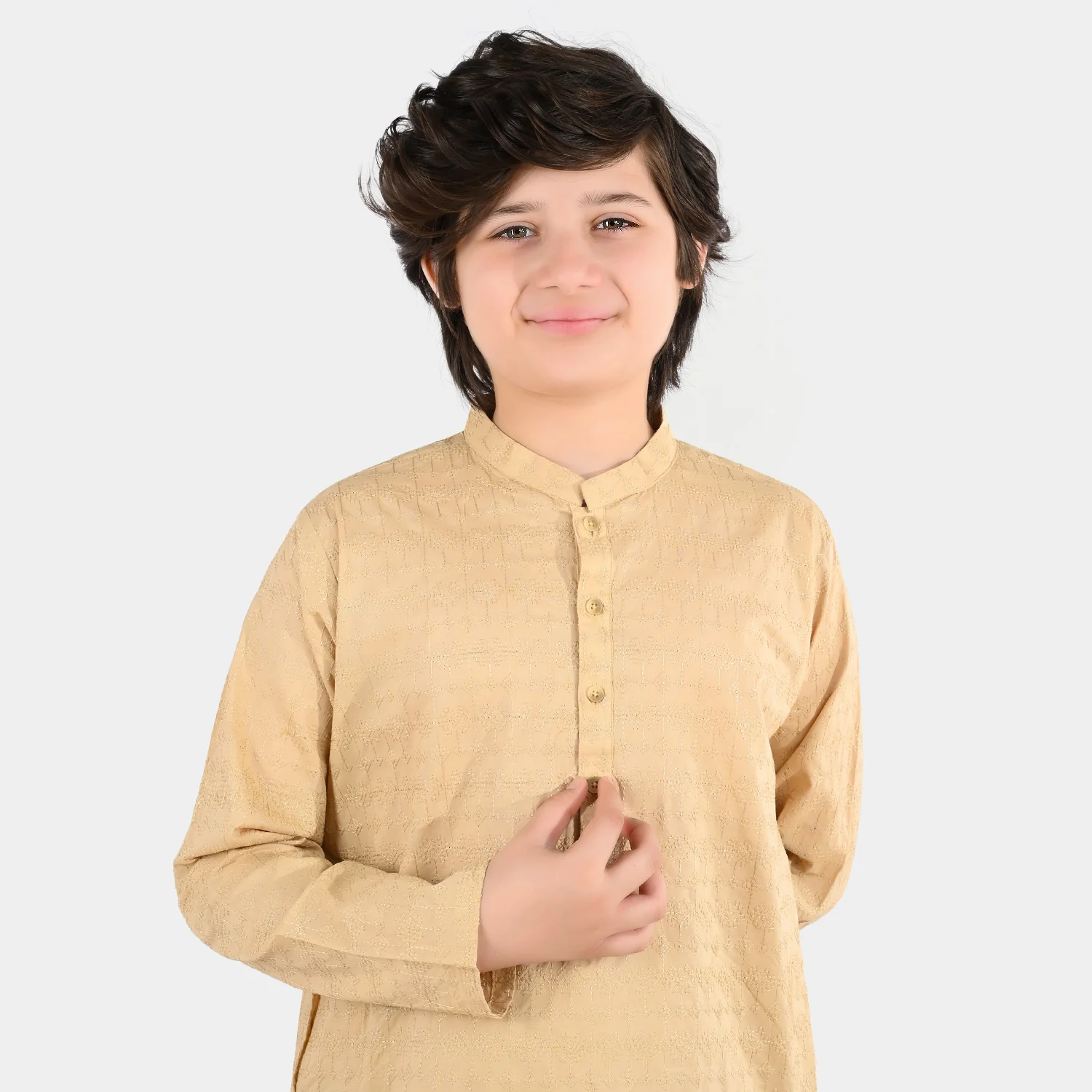 Boys Cotton Poplin Kurta Pajama (Chicken Kari) - Beige - Image 2