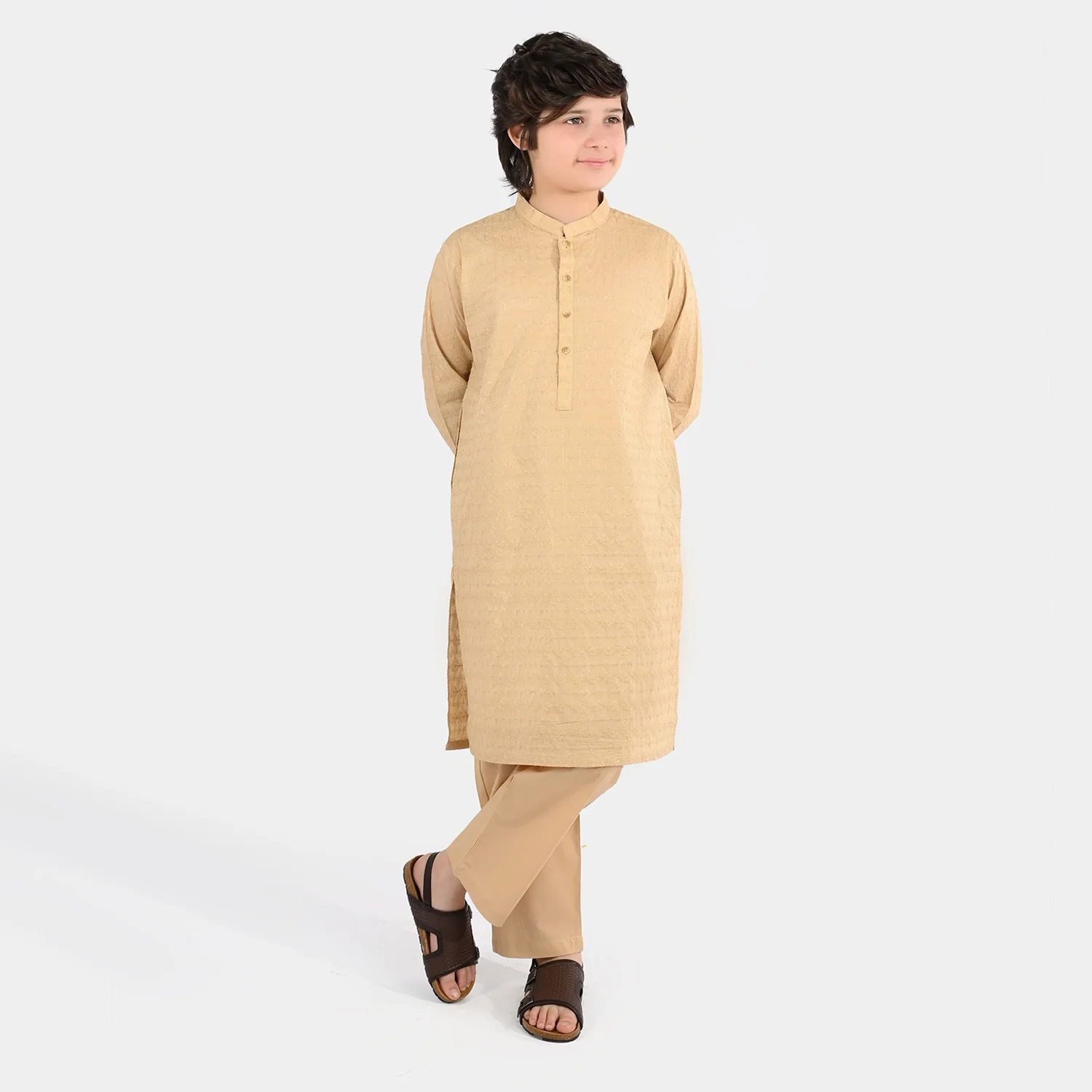 Boys Cotton Poplin Kurta Pajama (Chicken Kari) - Beige - Image 3
