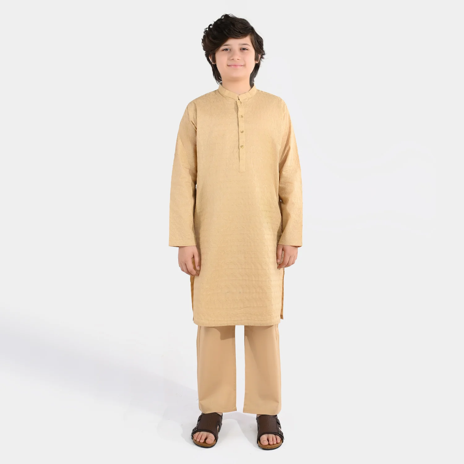 Boys Cotton Poplin Kurta Pajama (Chicken Kari) - Beige - Image 4