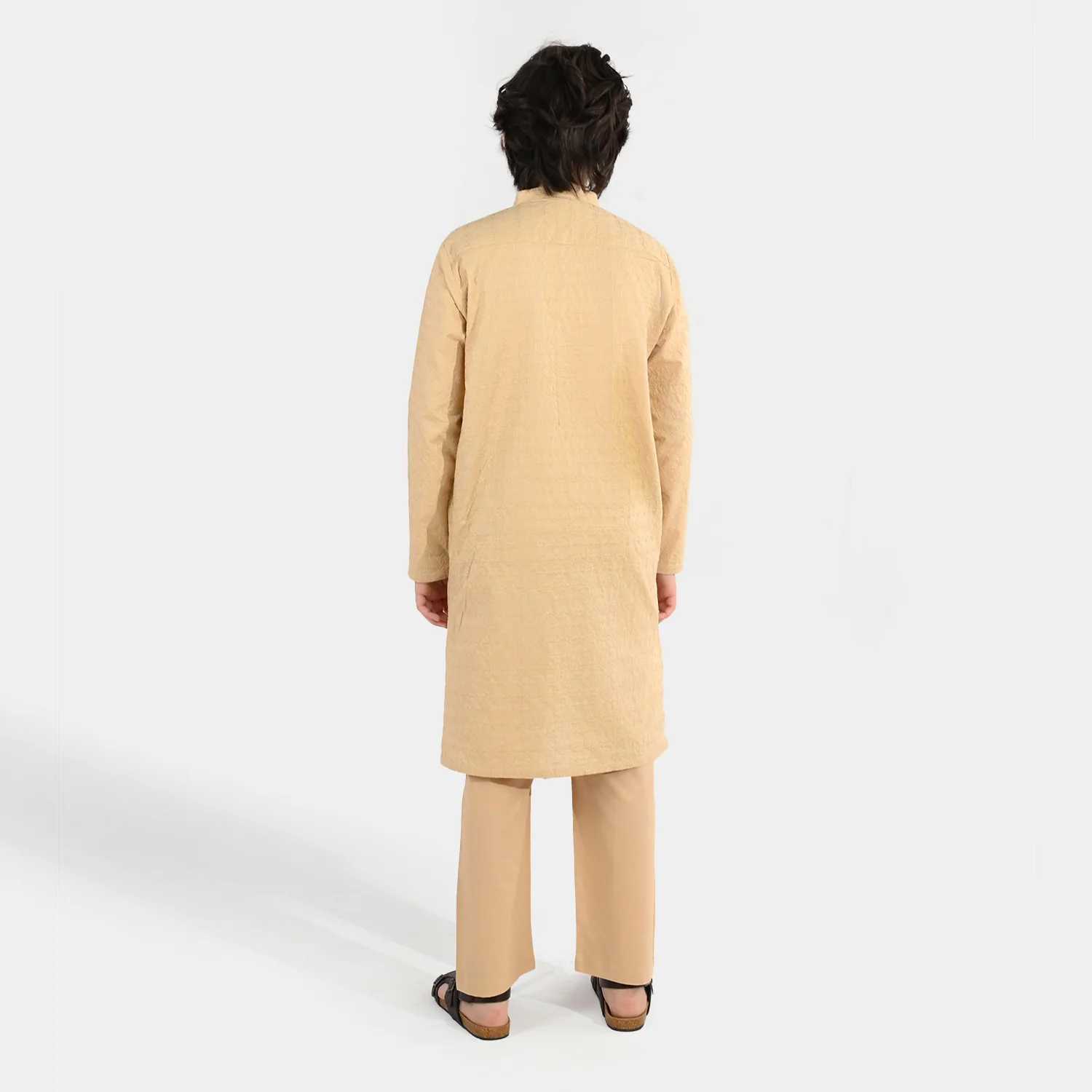Boys Cotton Poplin Kurta Pajama (Chicken Kari) - Beige - Image 6