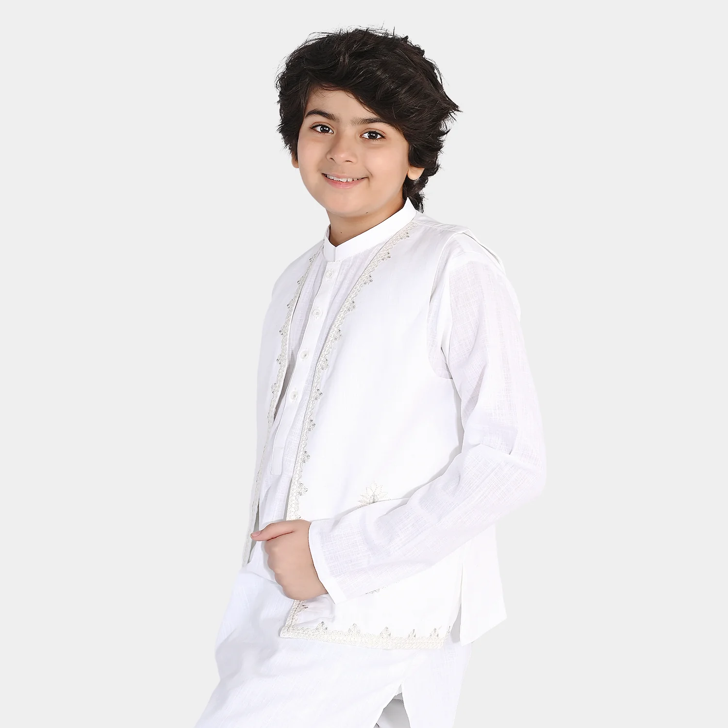 Boys Cotton Slub 3Piece Suit (Front Open) -WHITE - Image 5