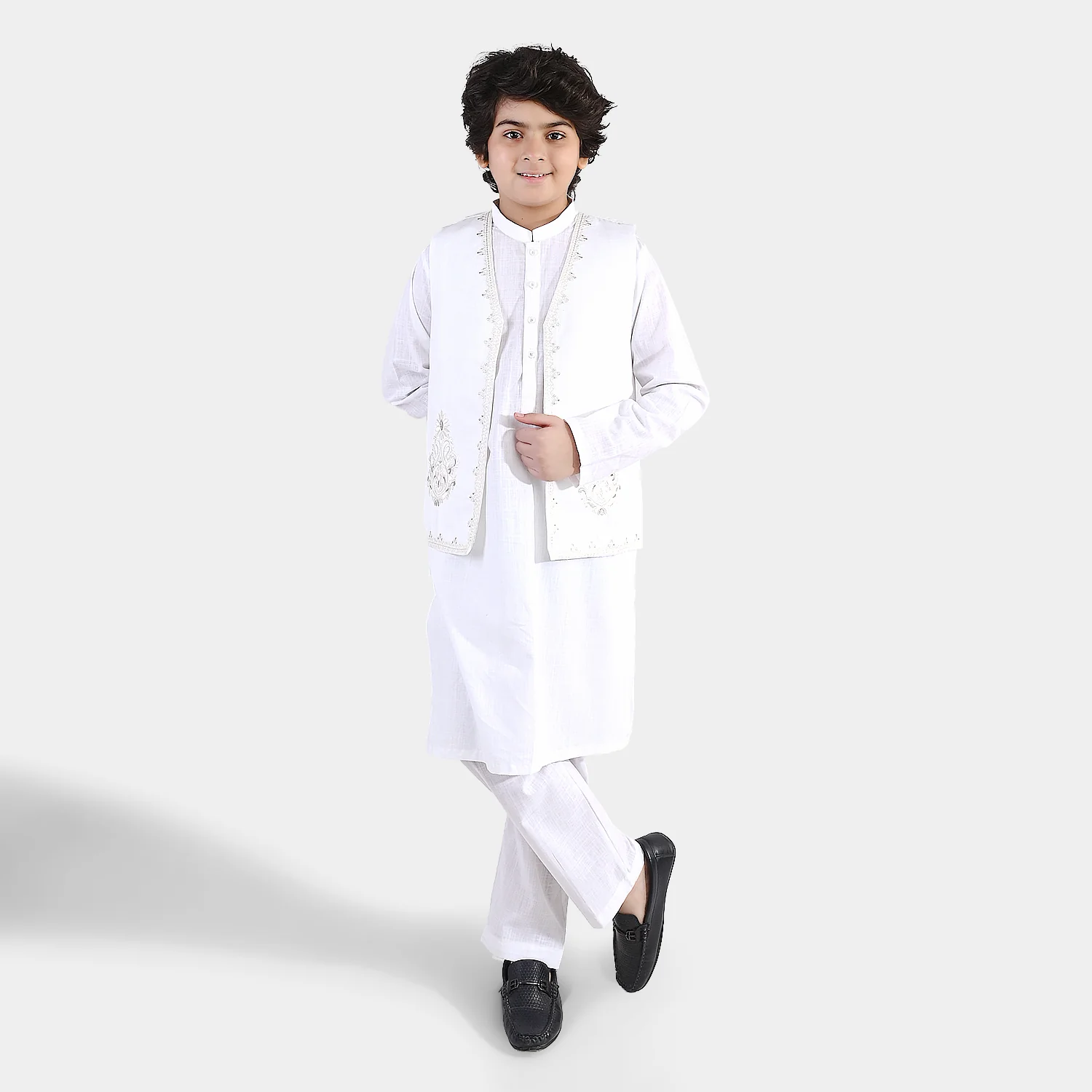 Boys Cotton Slub 3Piece Suit (Front Open) -WHITE - Image 6