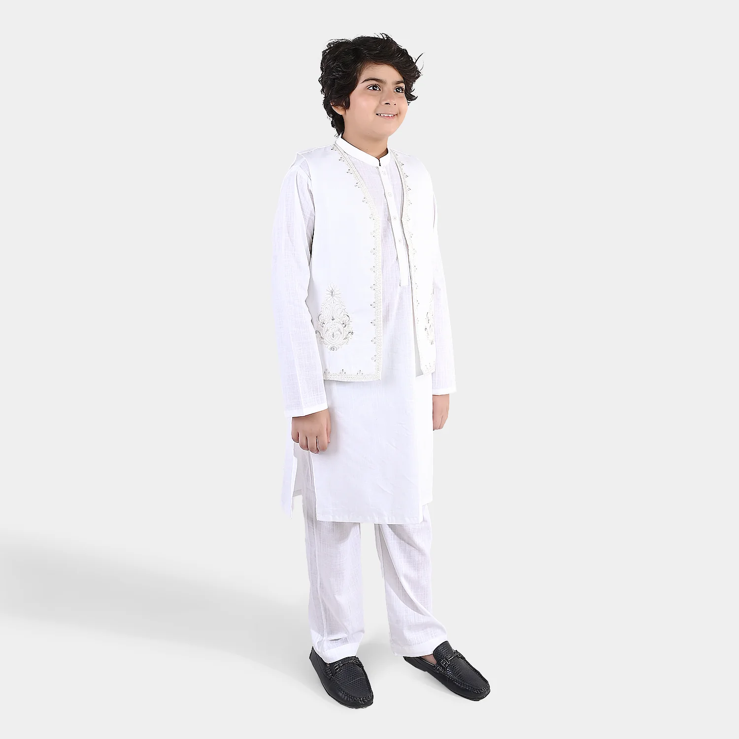 Boys Cotton Slub 3Piece Suit (Front Open) -WHITE - Image 8