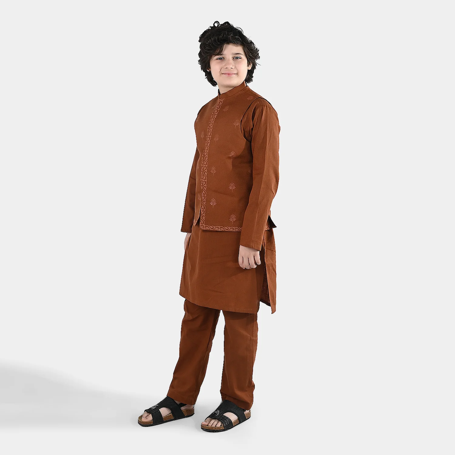 Boys Cotton Slub 3-Piece Suit - Brown - Image 3