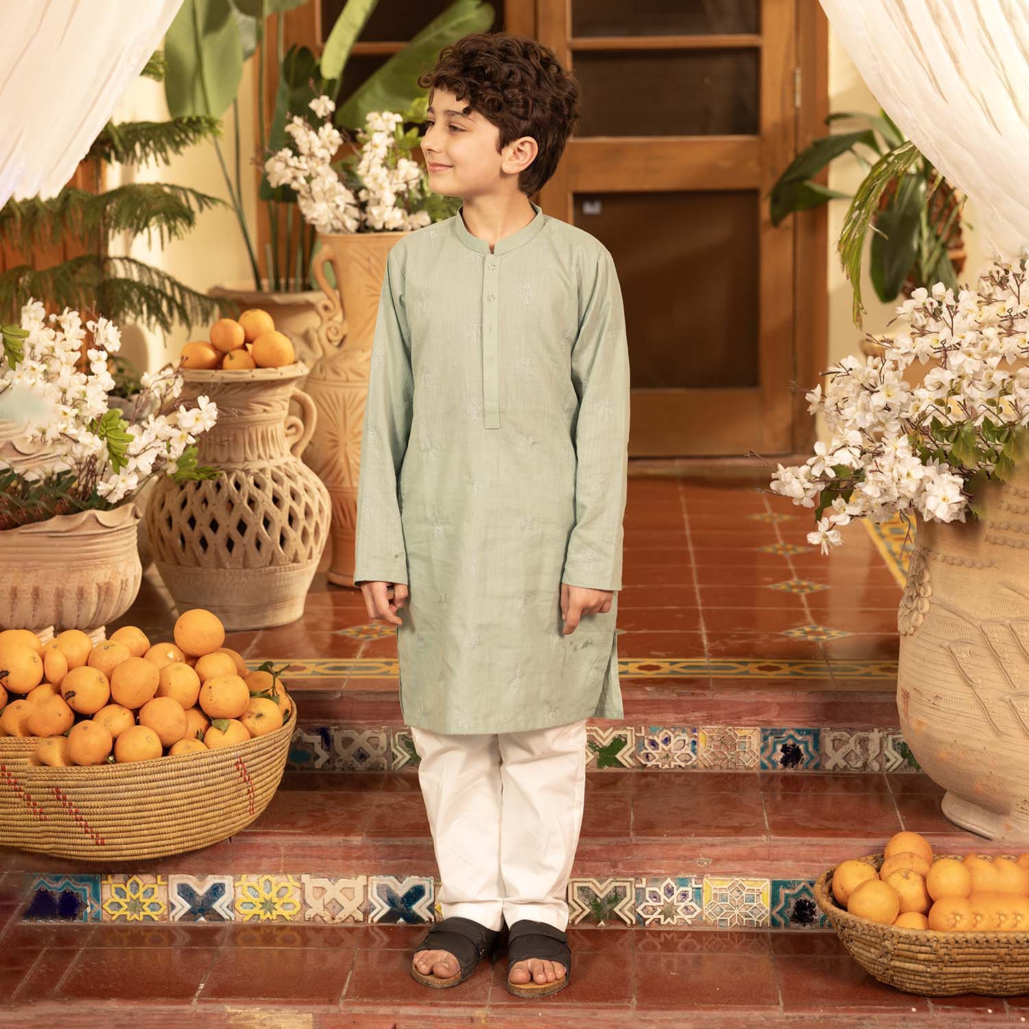 Boys Cotton Slub Embroidered Kurta (Palm Tree) - Light Green - Image 3