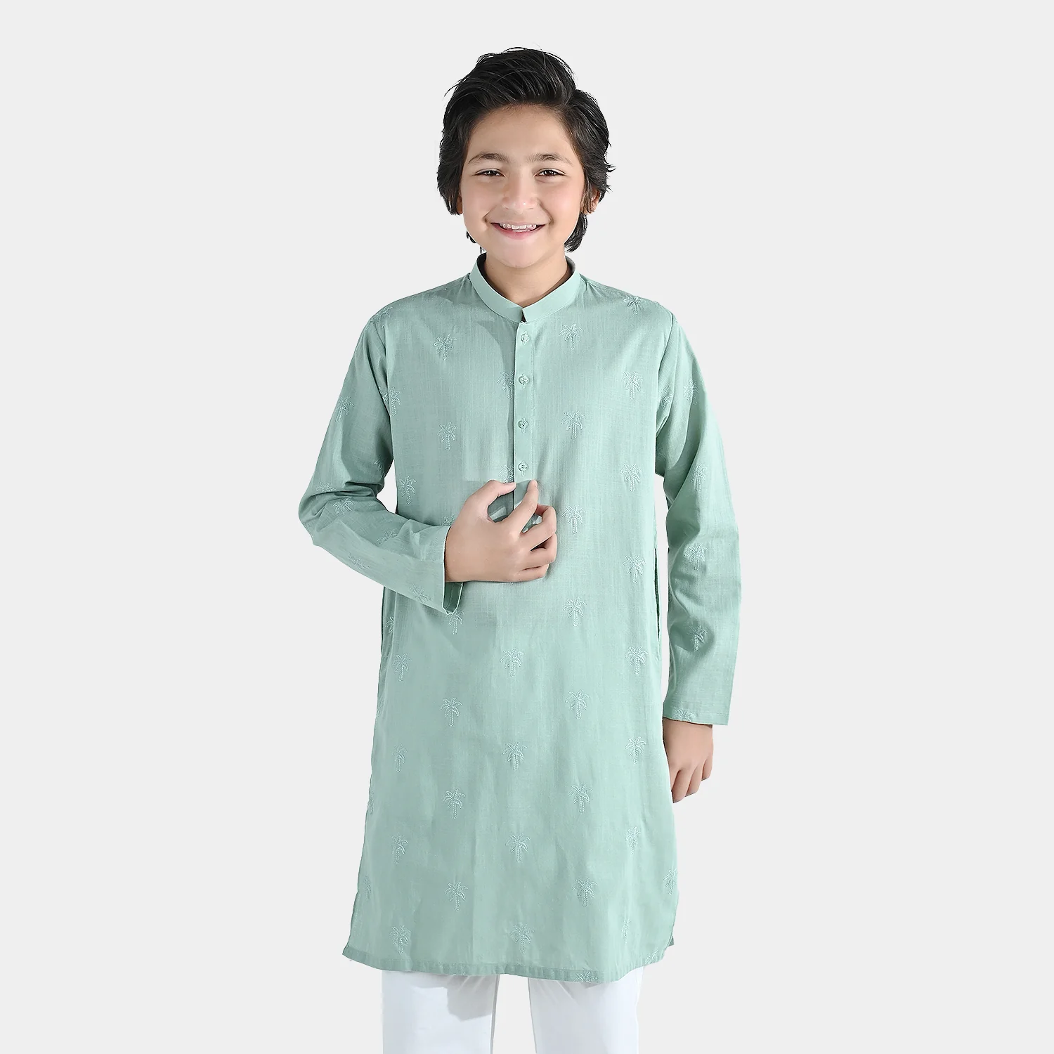 Boys Cotton Slub Embroidered Kurta (Palm Tree) - Light Green - Image 4