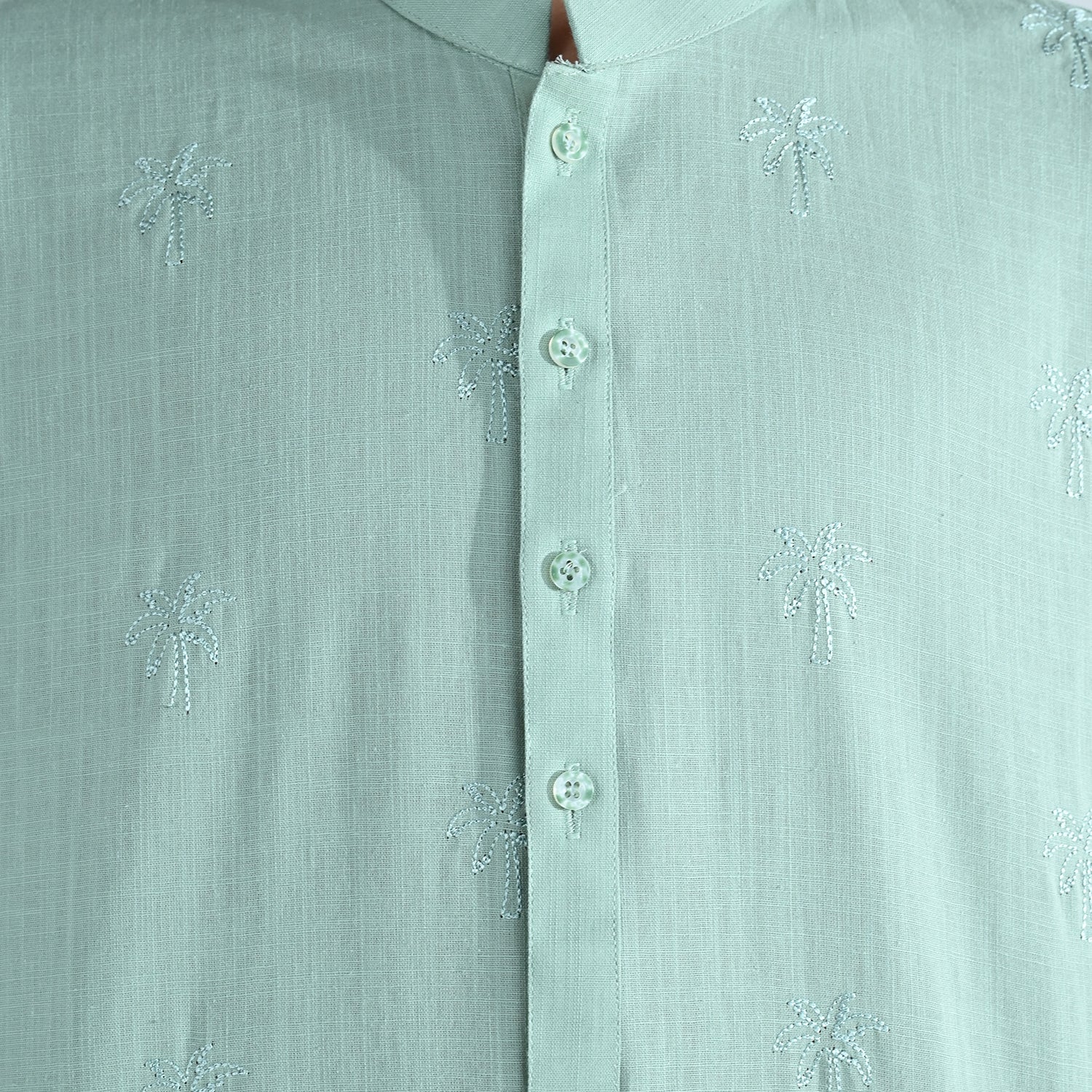 Boys Cotton Slub Embroidered Kurta (Palm Tree) - Light Green - Image 5