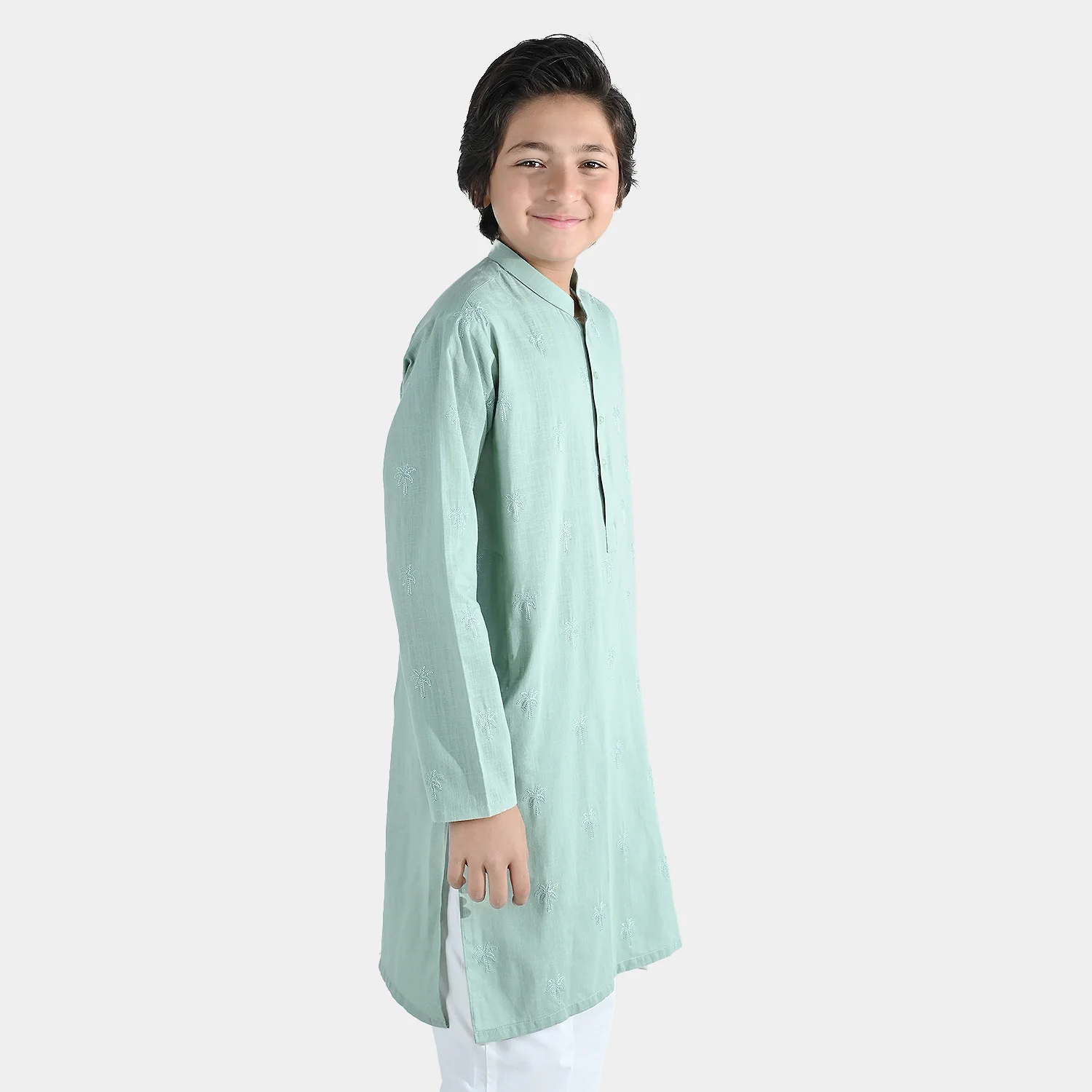 Boys Cotton Slub Embroidered Kurta (Palm Tree) - Light Green - Image 7