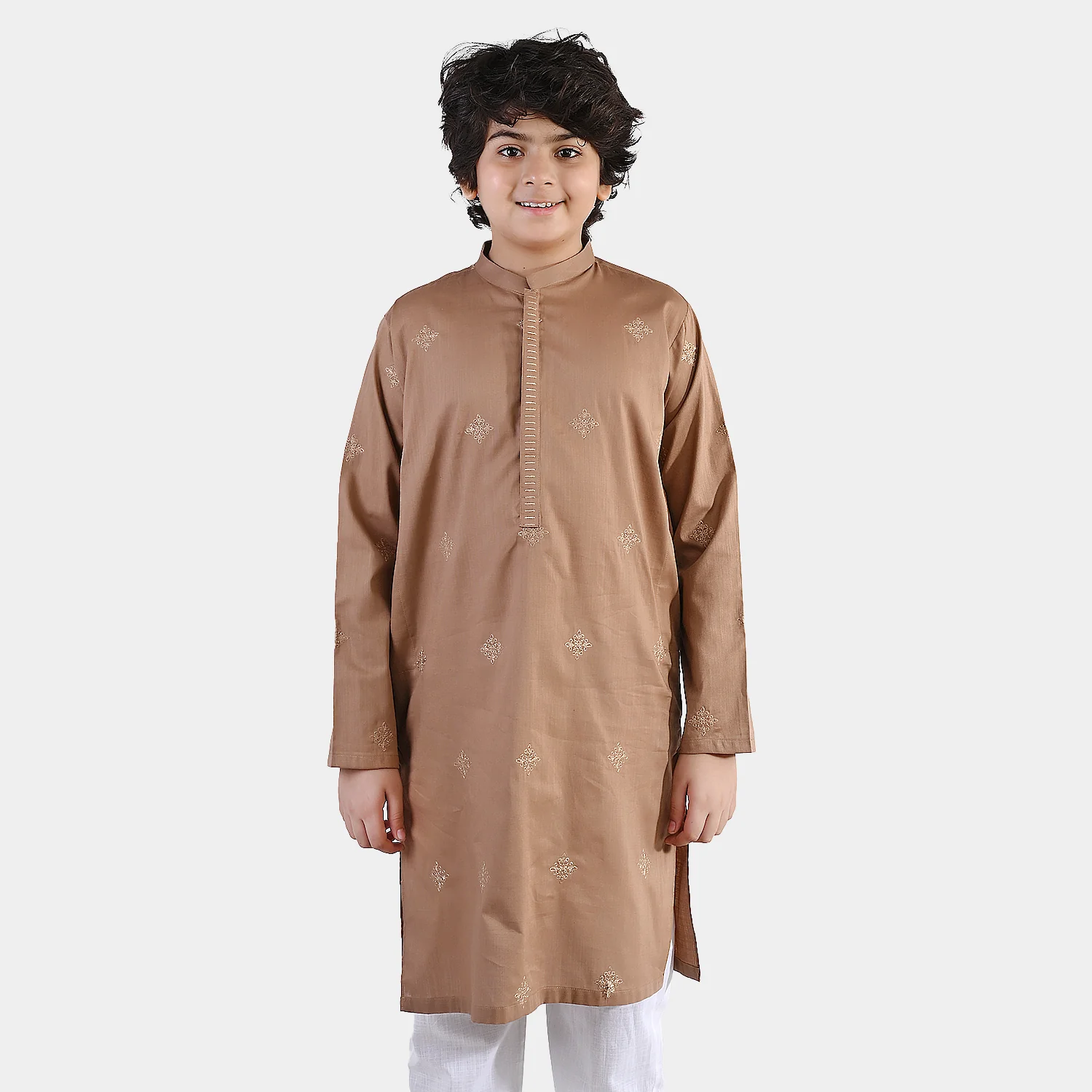 Boys Cotton Slub Kurta – Brown with Embroidery and Mandarin Collar