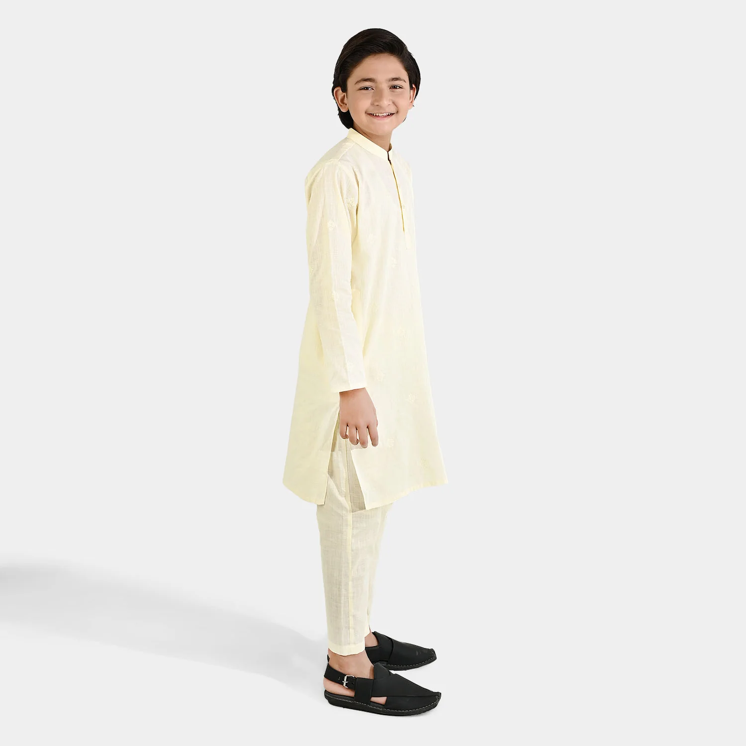 Boys Cotton Slub Kurta Pajama - Lemon/Yellow - Image 4
