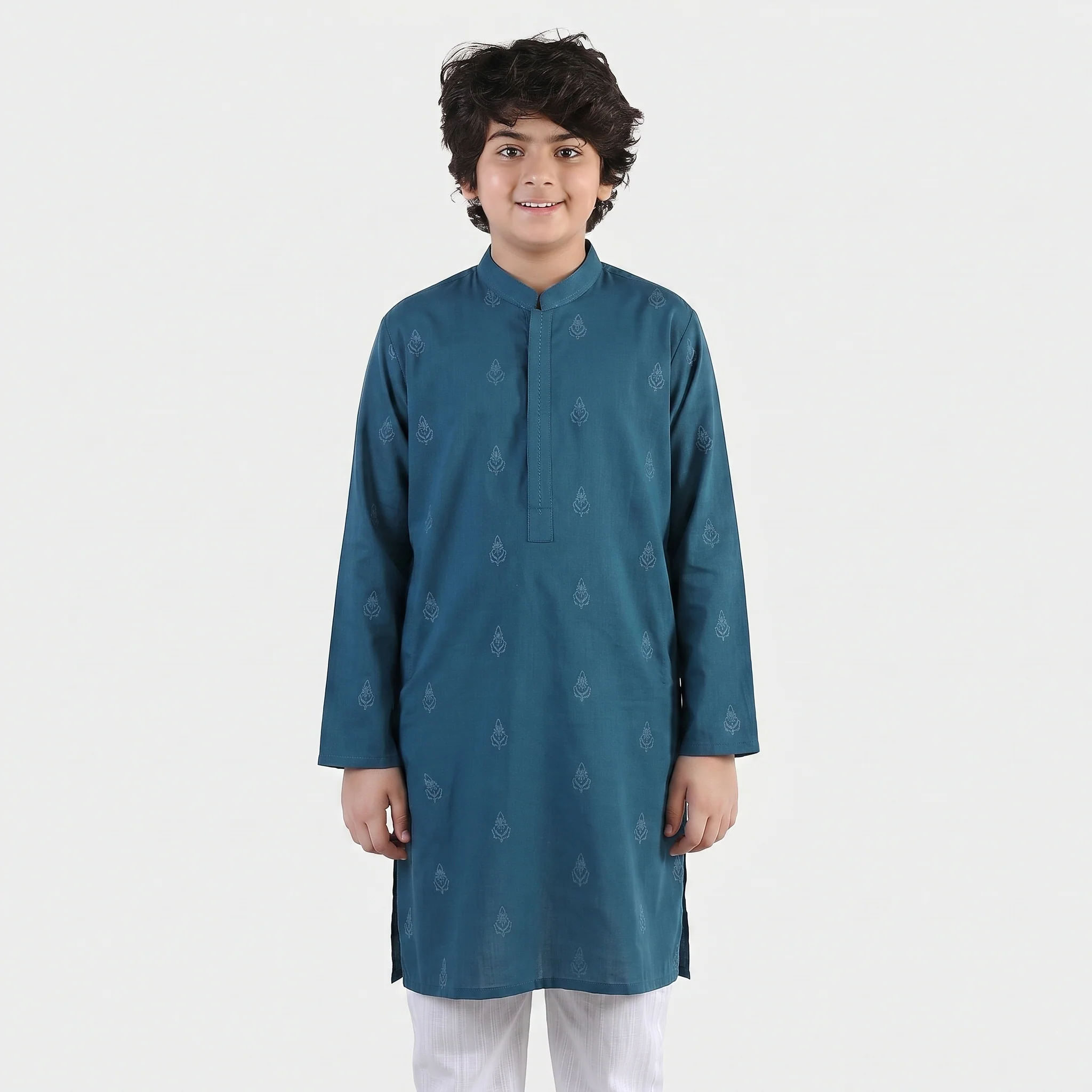 Boys Cotton Slub Printed Kurta (Blue Opal)-Blue