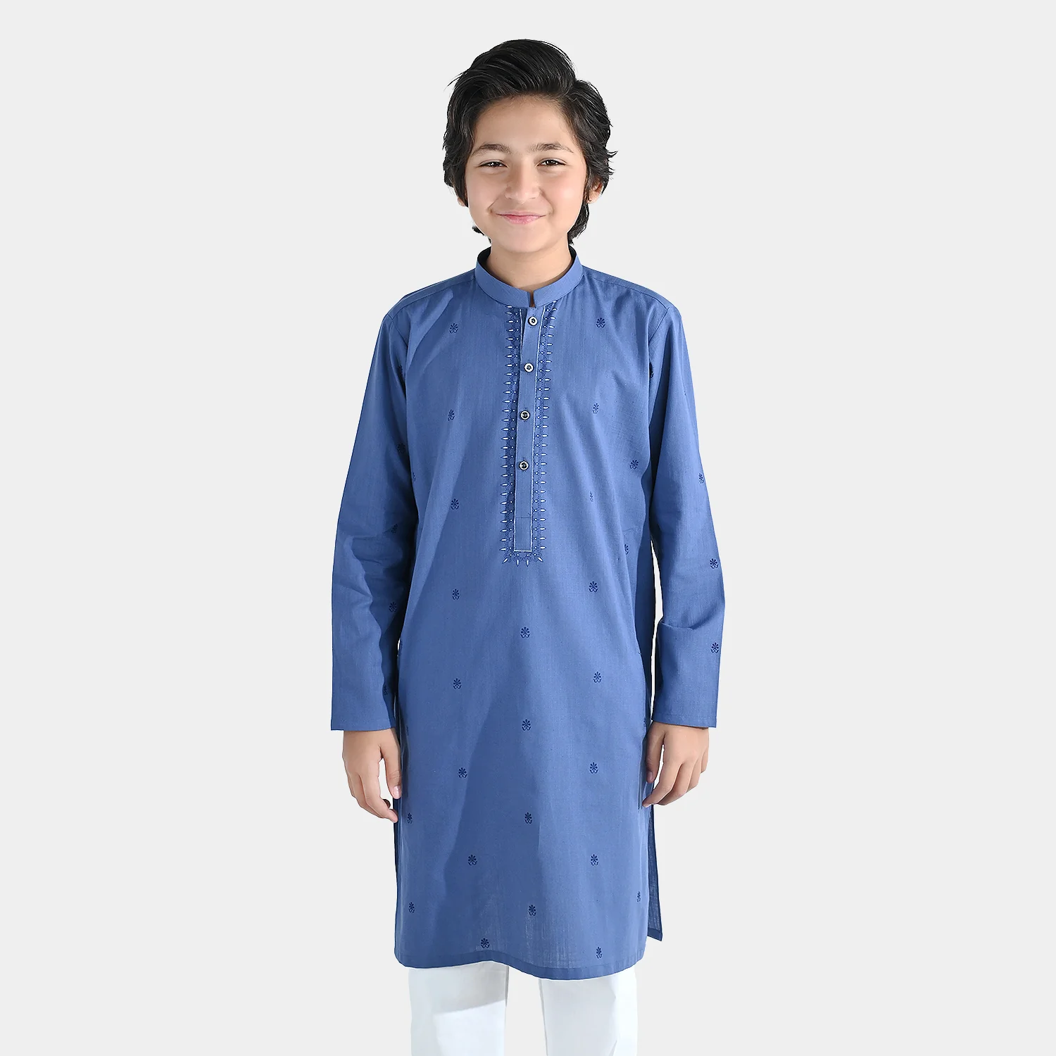 Boys Cotton Slub Printed Kurta (Metallic) - Blue