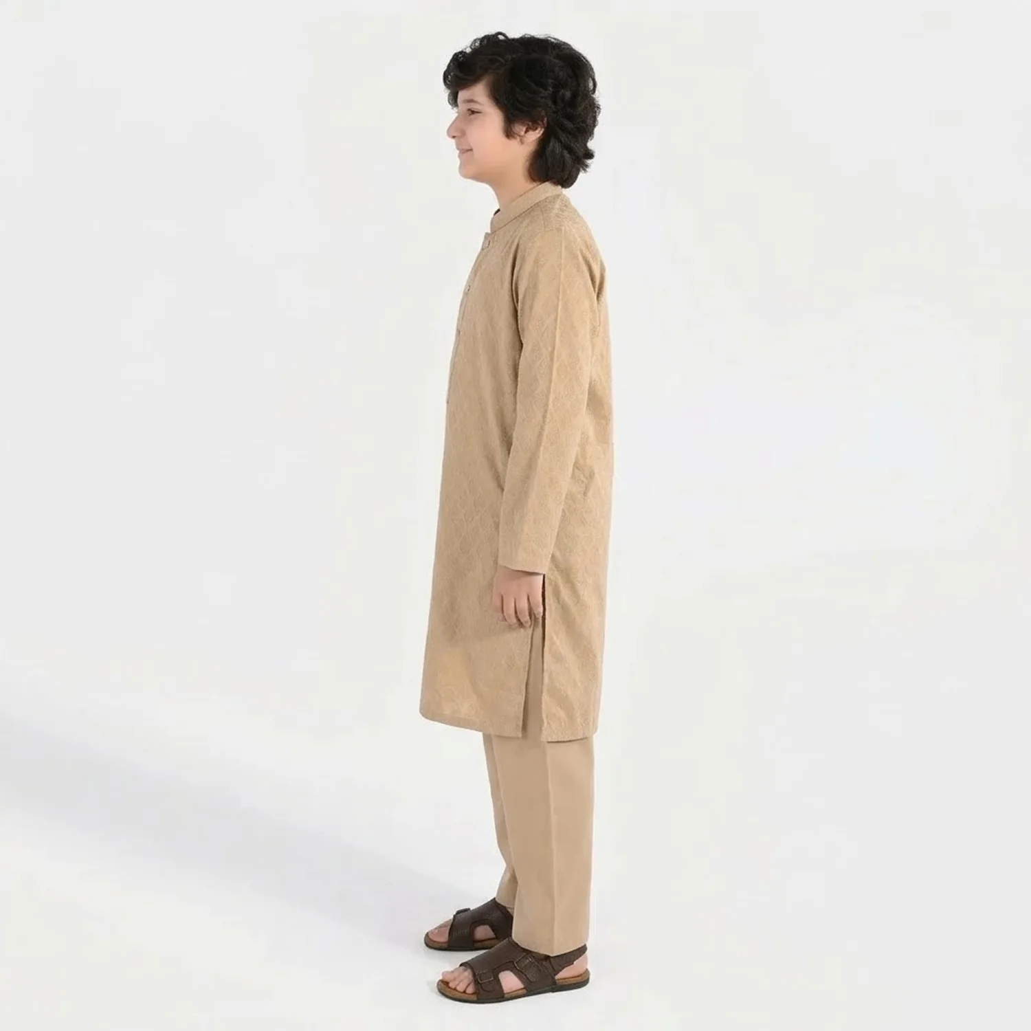 Boys Jacquard Kurta Pajama (Khas) - Beige - Image 3