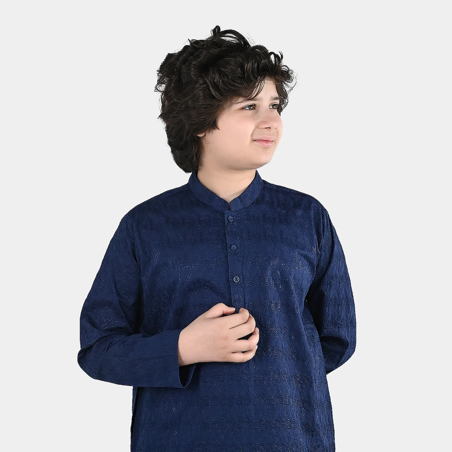 Boys Cotton Poplin Kurta Pajama (Chicken Kari) - Blue - Image 2