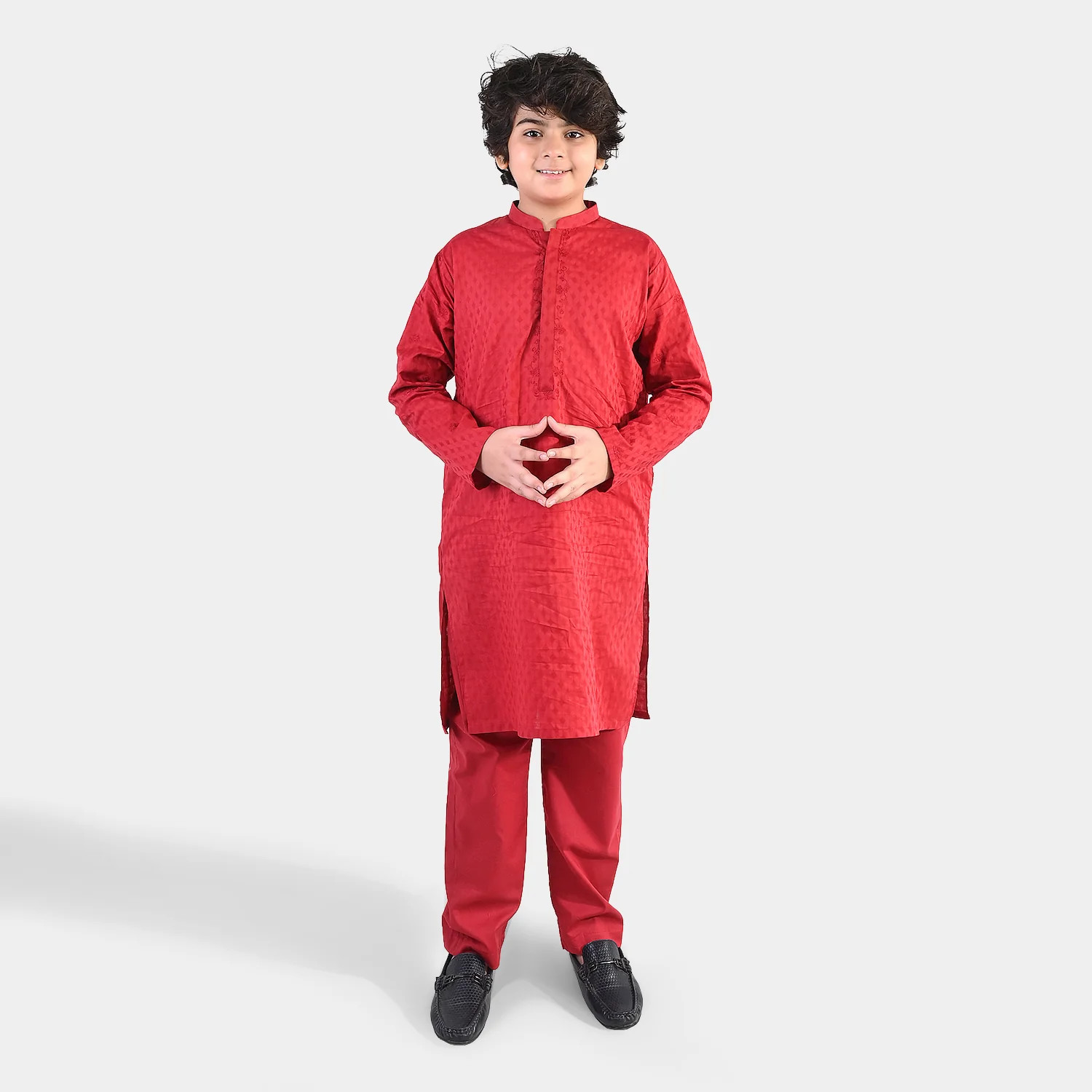 Boys Cotton Jacquard Kurta Pajama (Chin Boti) - Red - Image 3