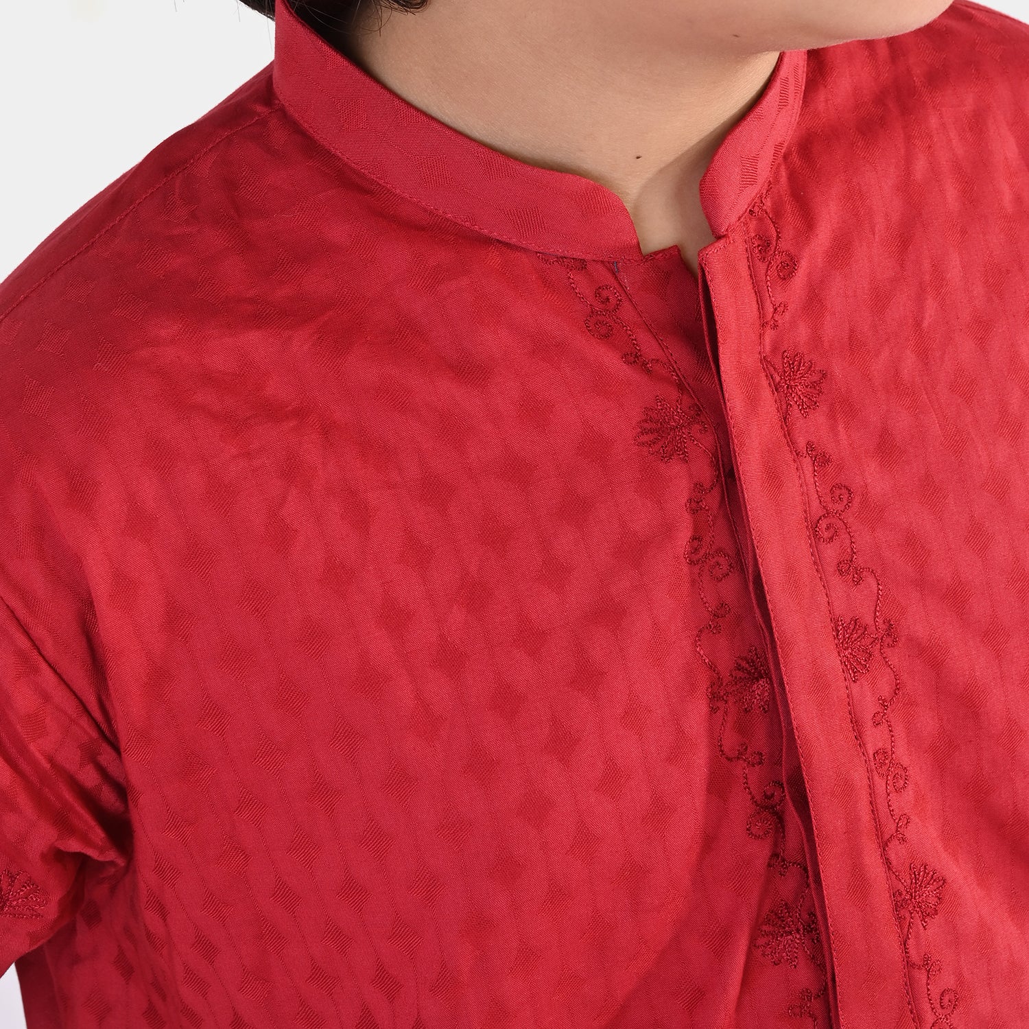 Boys Cotton Jacquard Kurta Pajama (Chin Boti) - Red - Image 4