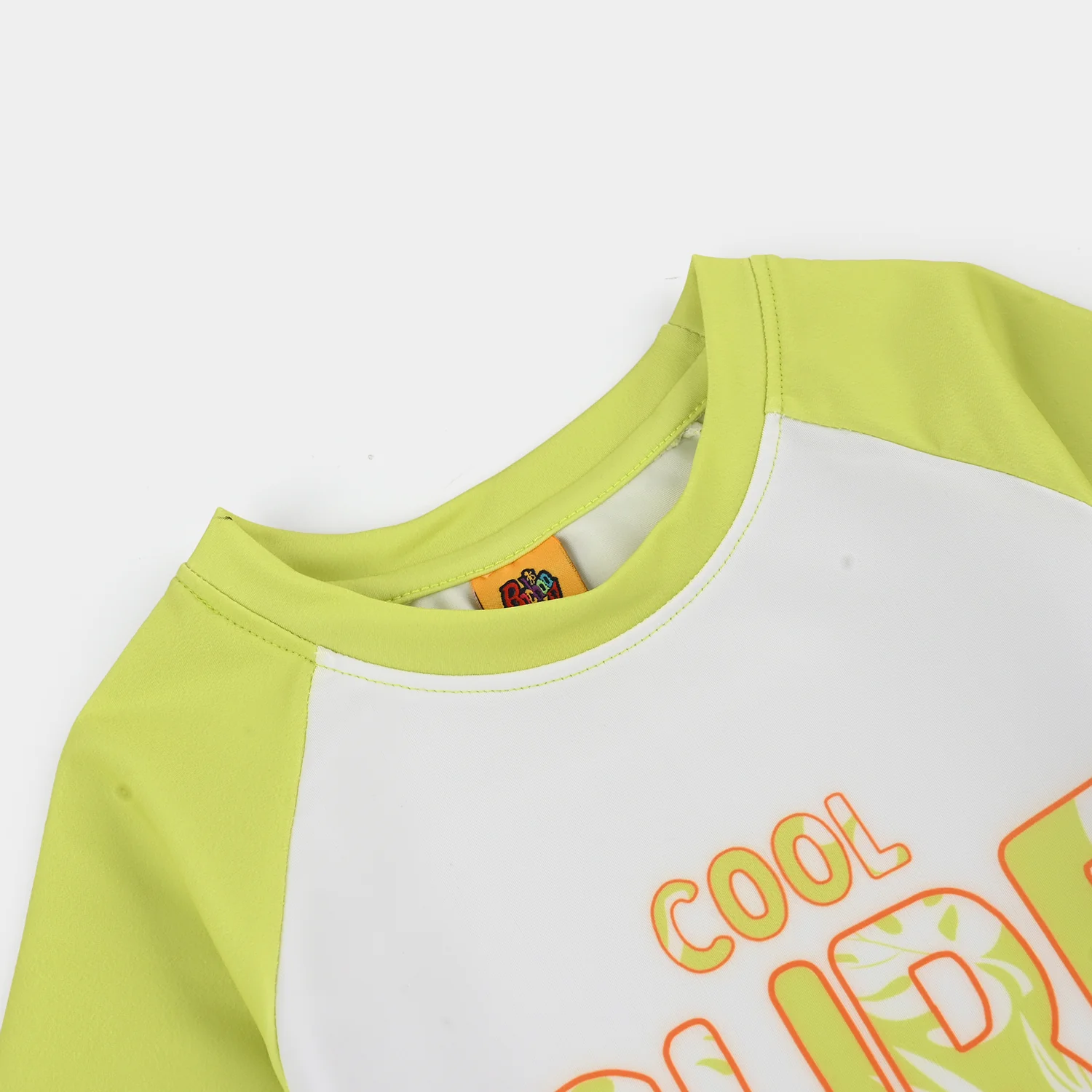 Boys Nylon Swimming 2-Piece Suit – Lemon Green with Raglan Sleeves and Tropical Print - Image 3