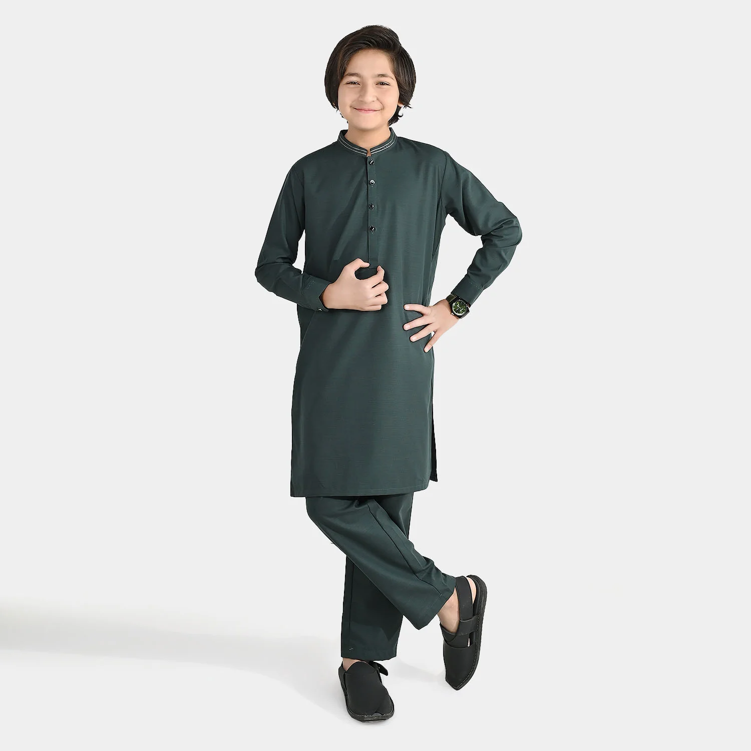 Boys Poly Viscose Kurta Pajama (Running Stitch) - Teal Green