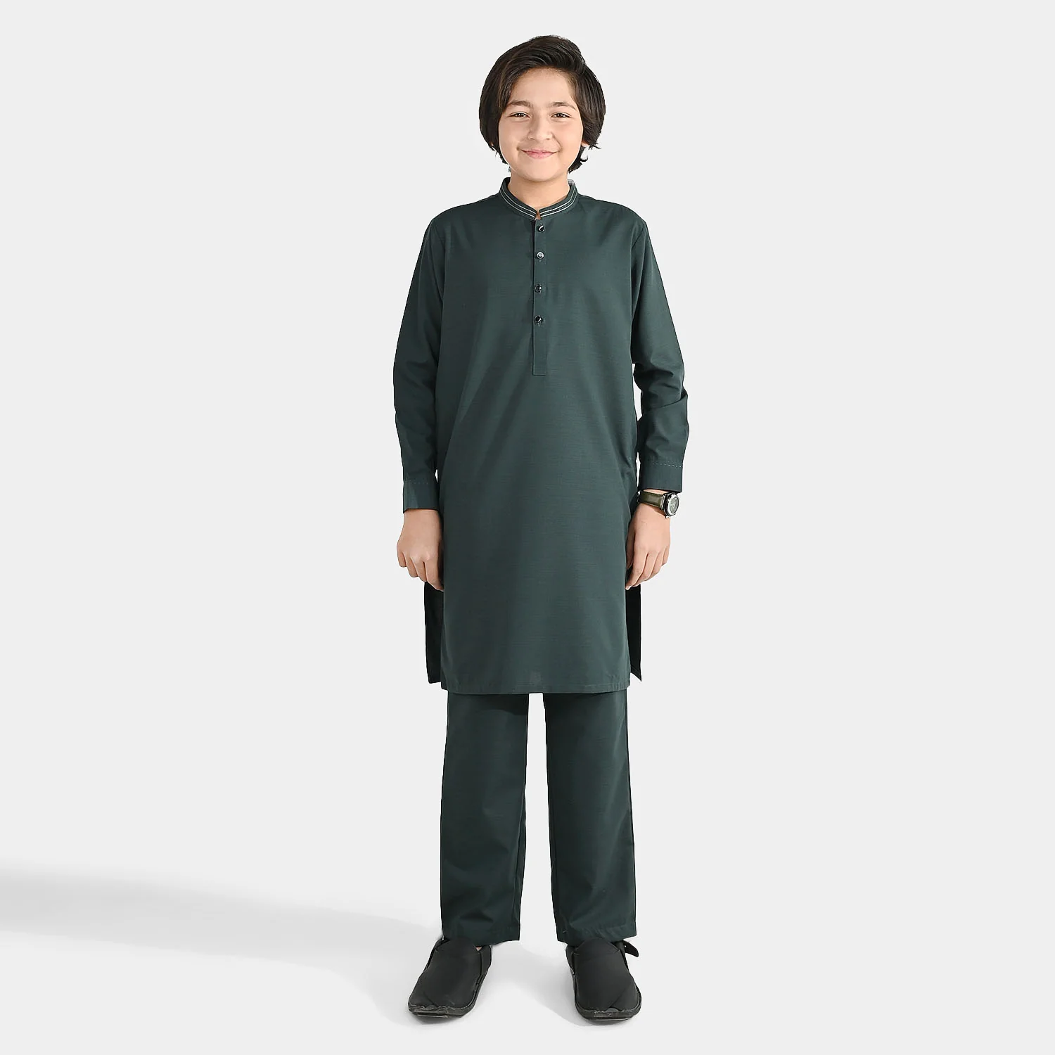 Boys Poly Viscose Kurta Pajama (Running Stitch) - Teal Green - Image 3