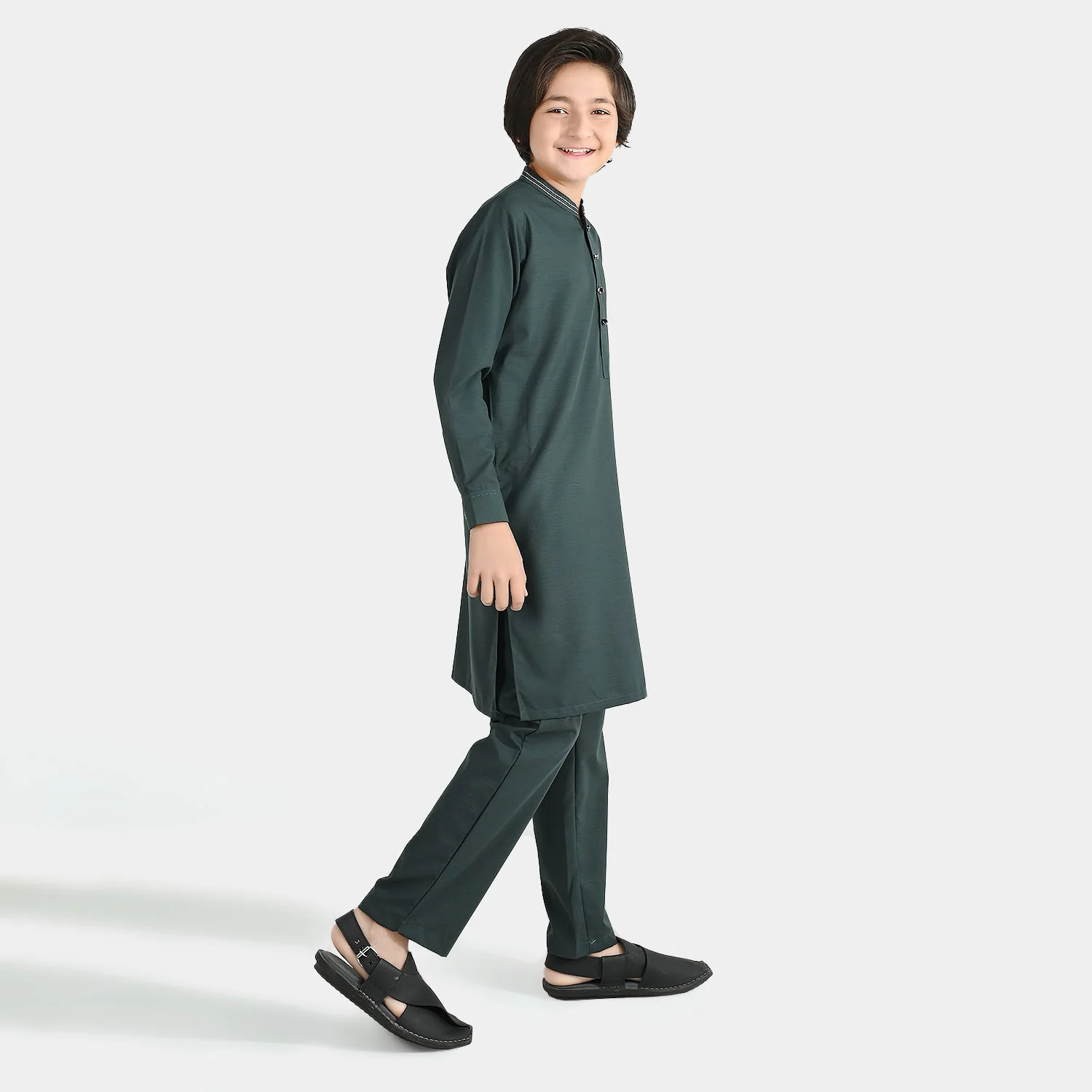 Boys Poly Viscose Kurta Pajama (Running Stitch) - Teal Green - Image 4