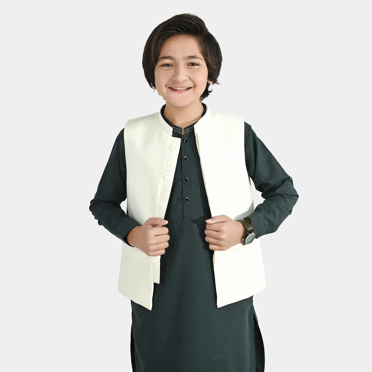 Boys Poly Viscose Waistcoat (Mughal) - Cream - Image 2