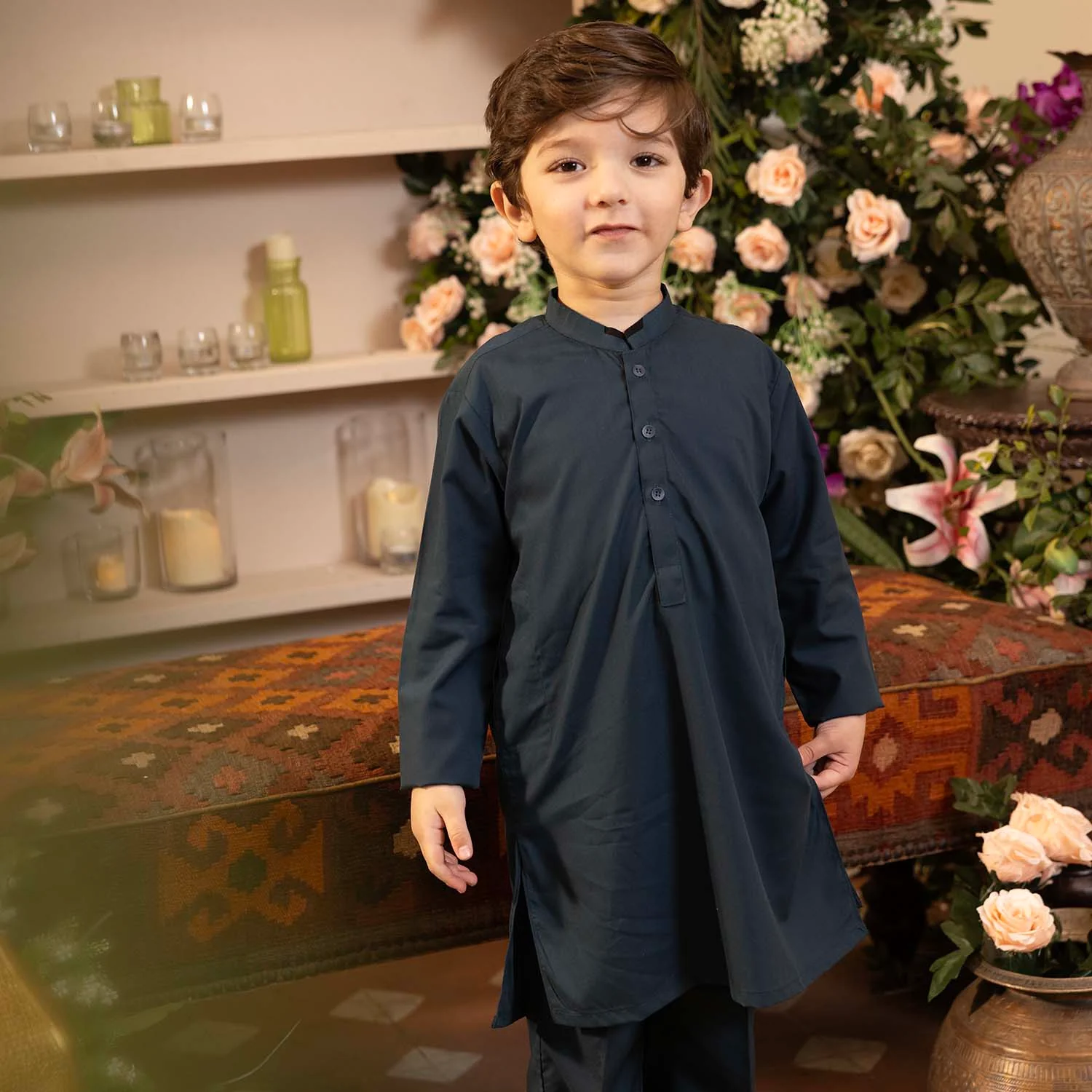 Boys Poly Viscose Kurta Pajama - Teal Blue - Image 2