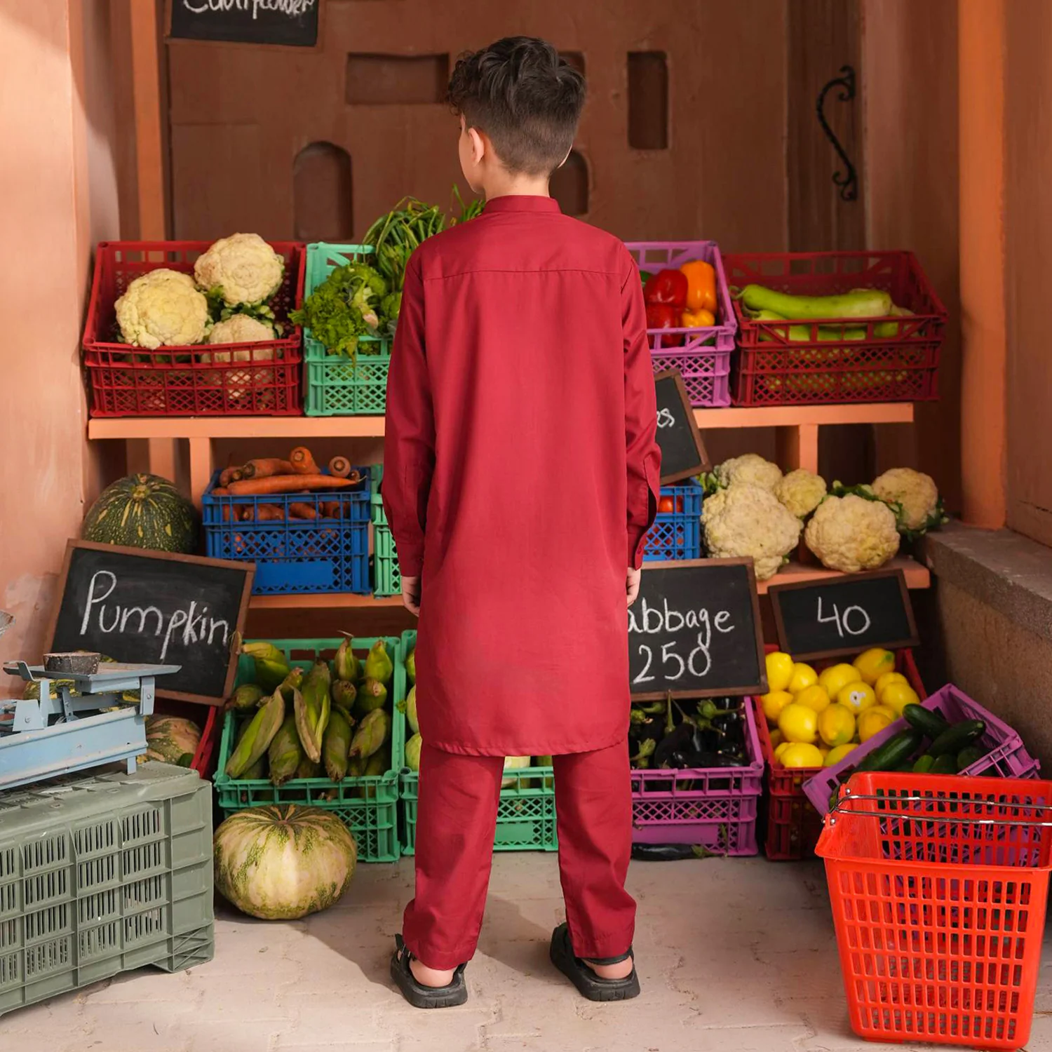 Boys Poly Viscose Kurta Pajama (Cut Placket) -RED - Image 5