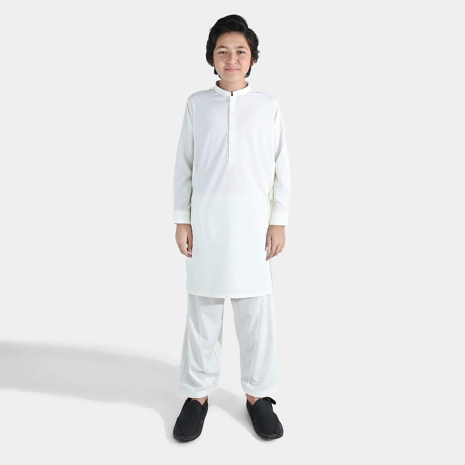 Boys Poly Viscose Shalwar Suit (Self Textured) – Off White - Image 3