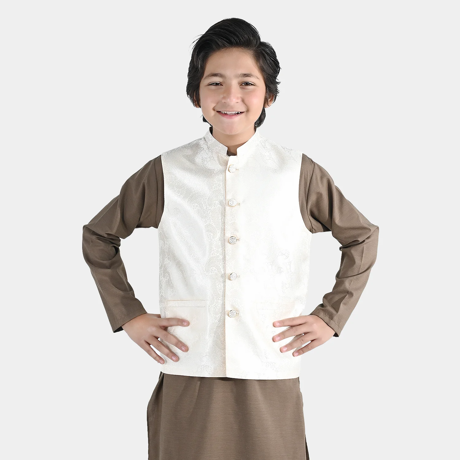 Boys Poly Viscose Waistcoat - Off White - Image 4
