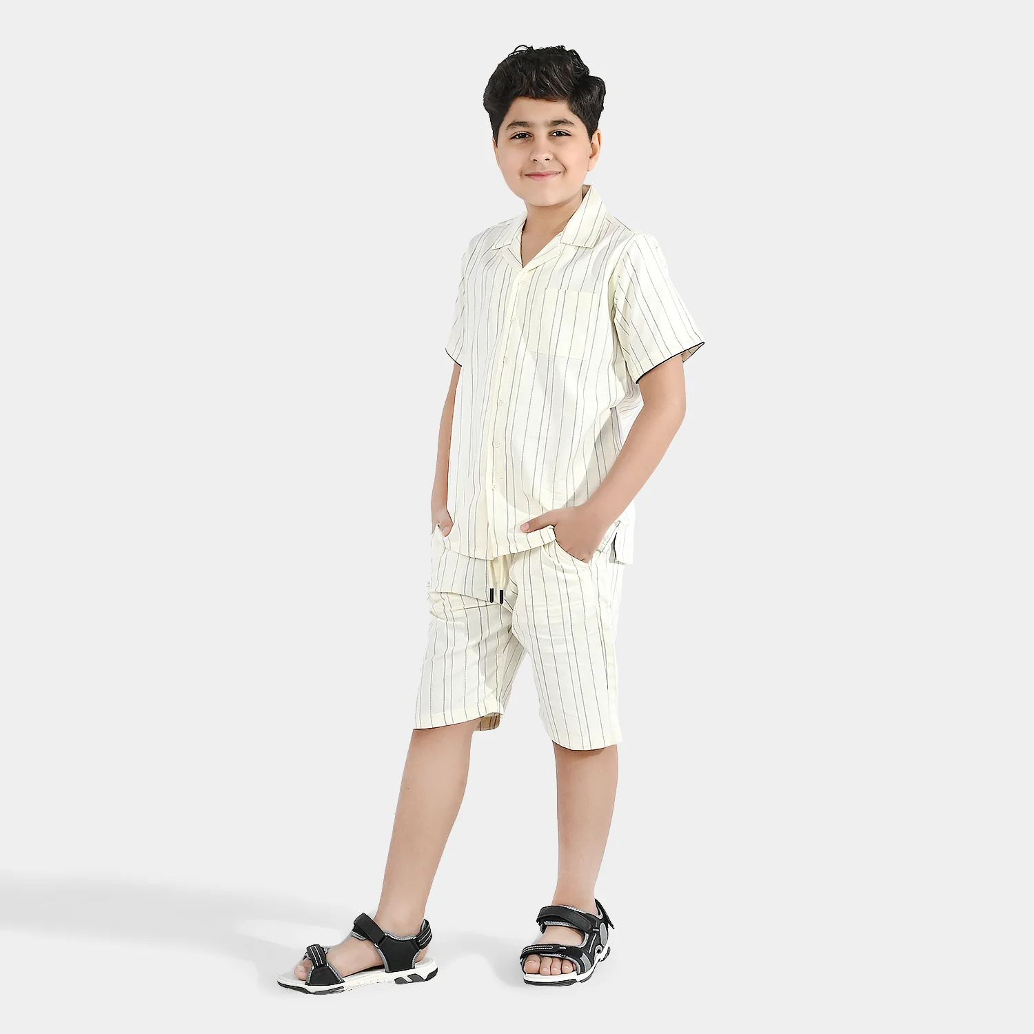 Boys Yarn Dyed Woven Suit 2 Piece (Cuban Stripe) - Off White - Image 3