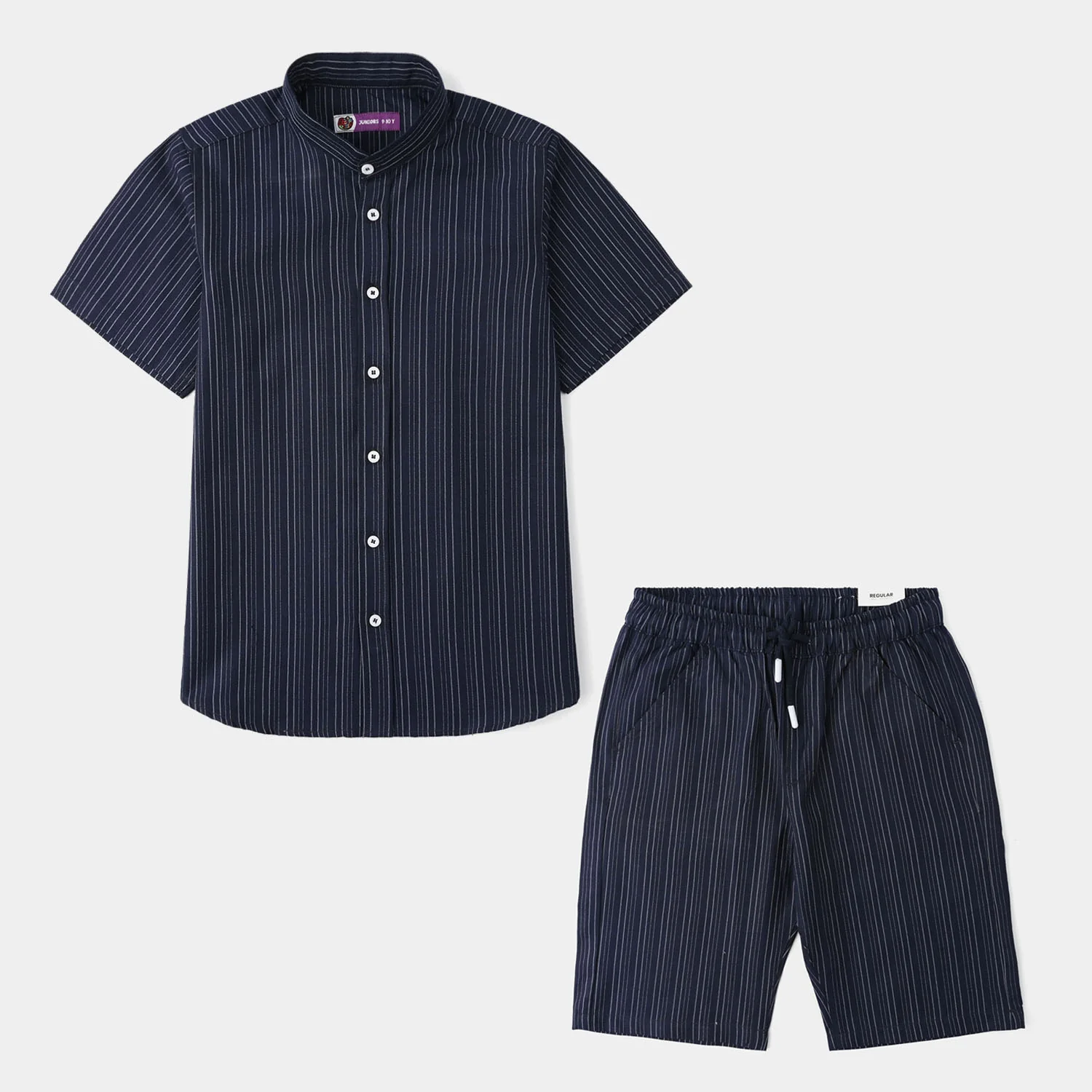 Boys Yarn Dyed Woven Suit (Off White Striper) – Navy - Image 3
