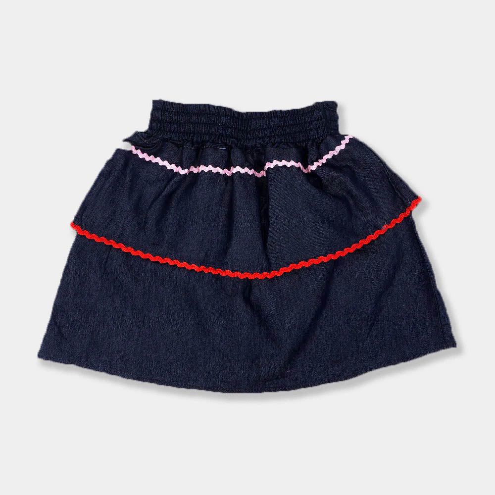Character Embroidery Denim Skirt For Girls - Dark Blue - Image 2