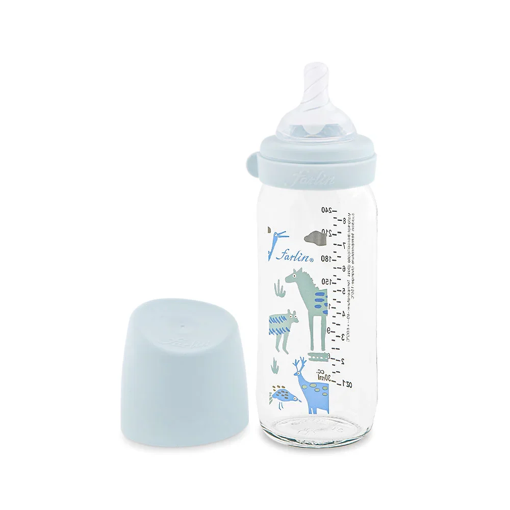 Farlin Wide-Neck Glass Feeding Bottle 240ml – Blue - Image 2