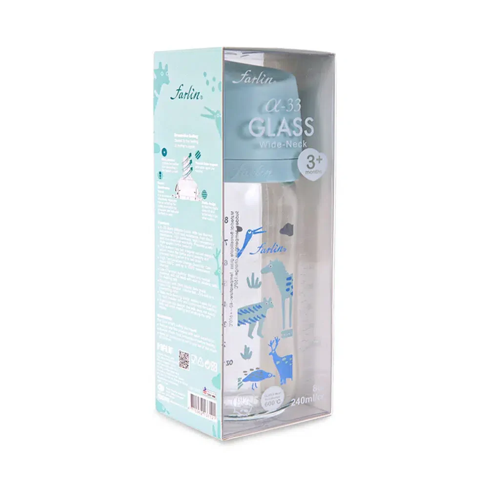 Farlin Wide-Neck Glass Feeding Bottle 240ml – Blue - Image 3