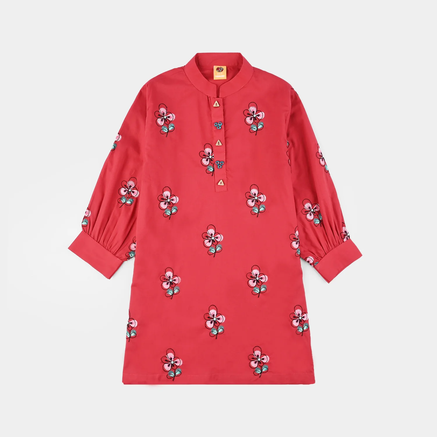 Girls Poplin Embroidered Kurti Flower - Red - Image 4