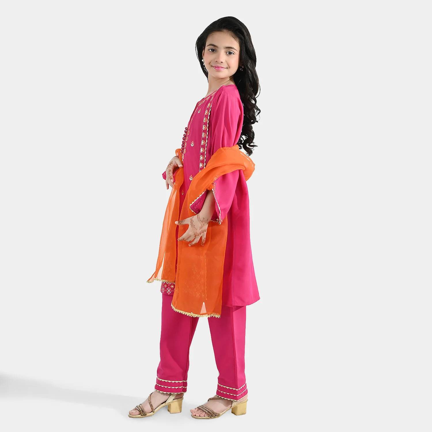 Girls Poly Cambric 3Pcs (Rangeen) – Shocking Pink - Image 4