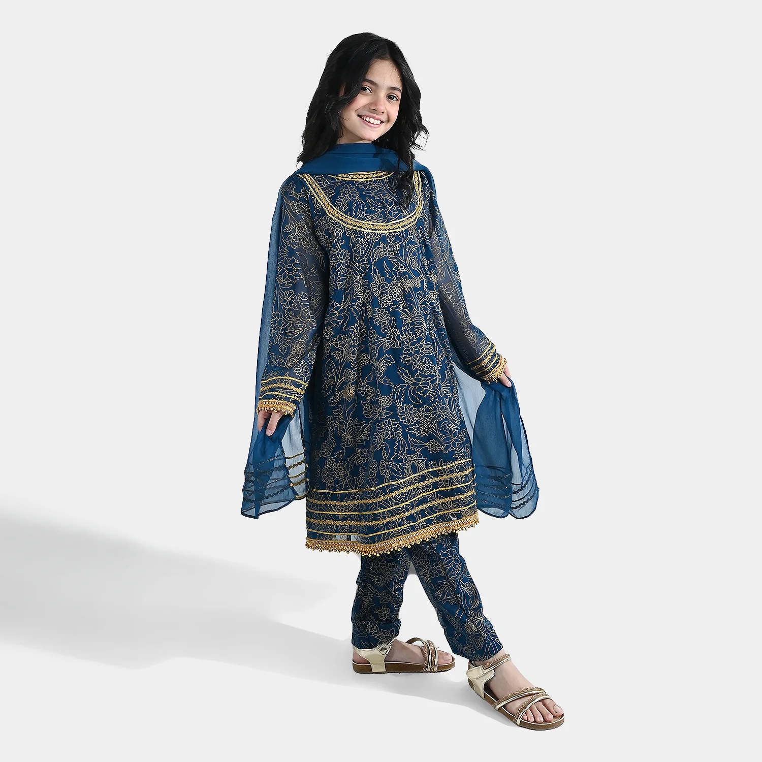 Girls Chiffon 3Pcs (Zarmeena) – Teal Green - Image 2