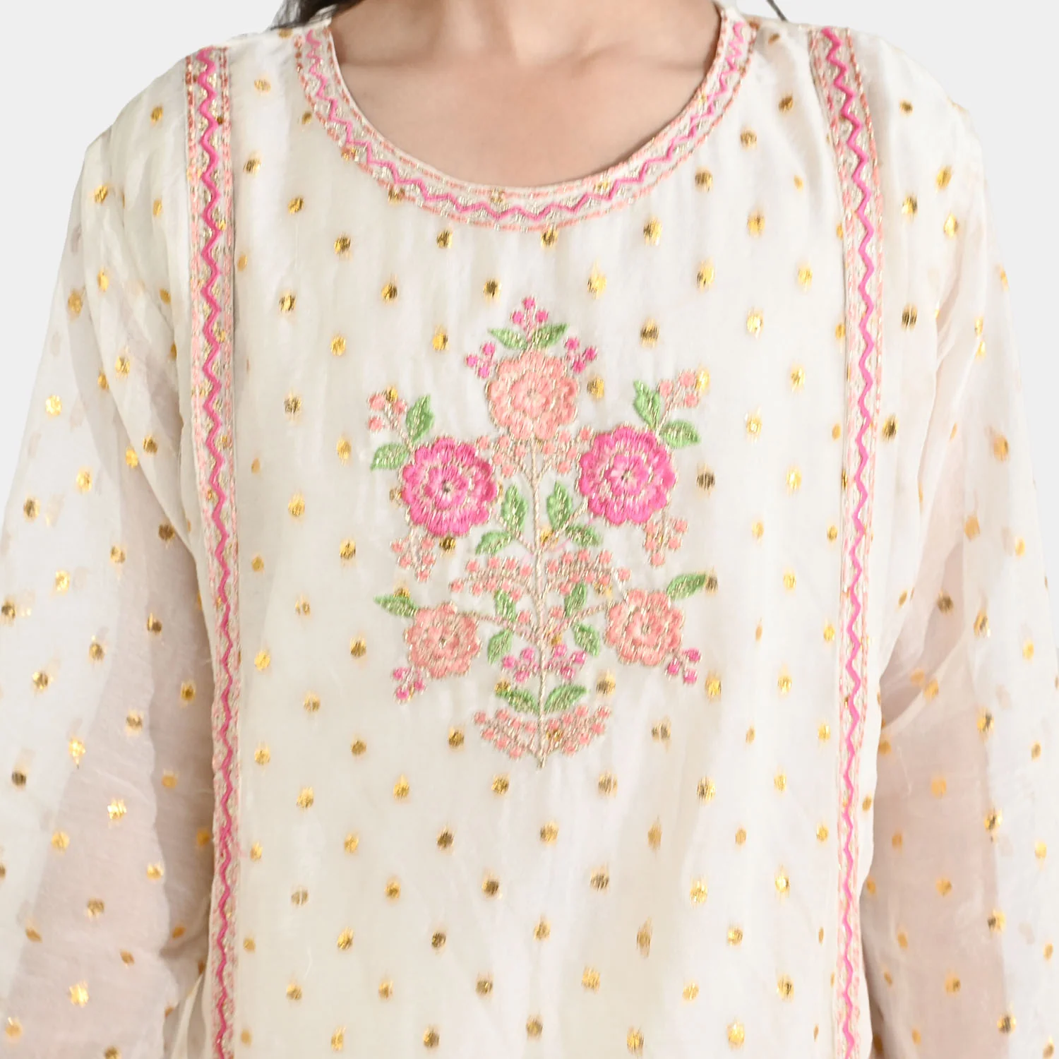 Girls Chiffon 3Pcs Zeenat - Cream - Image 4