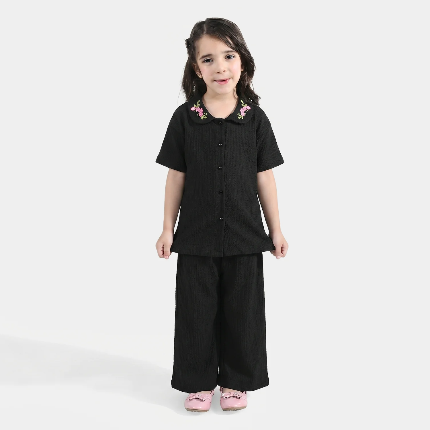 Girls Poly Crinkle Suit (Flower) - Black
