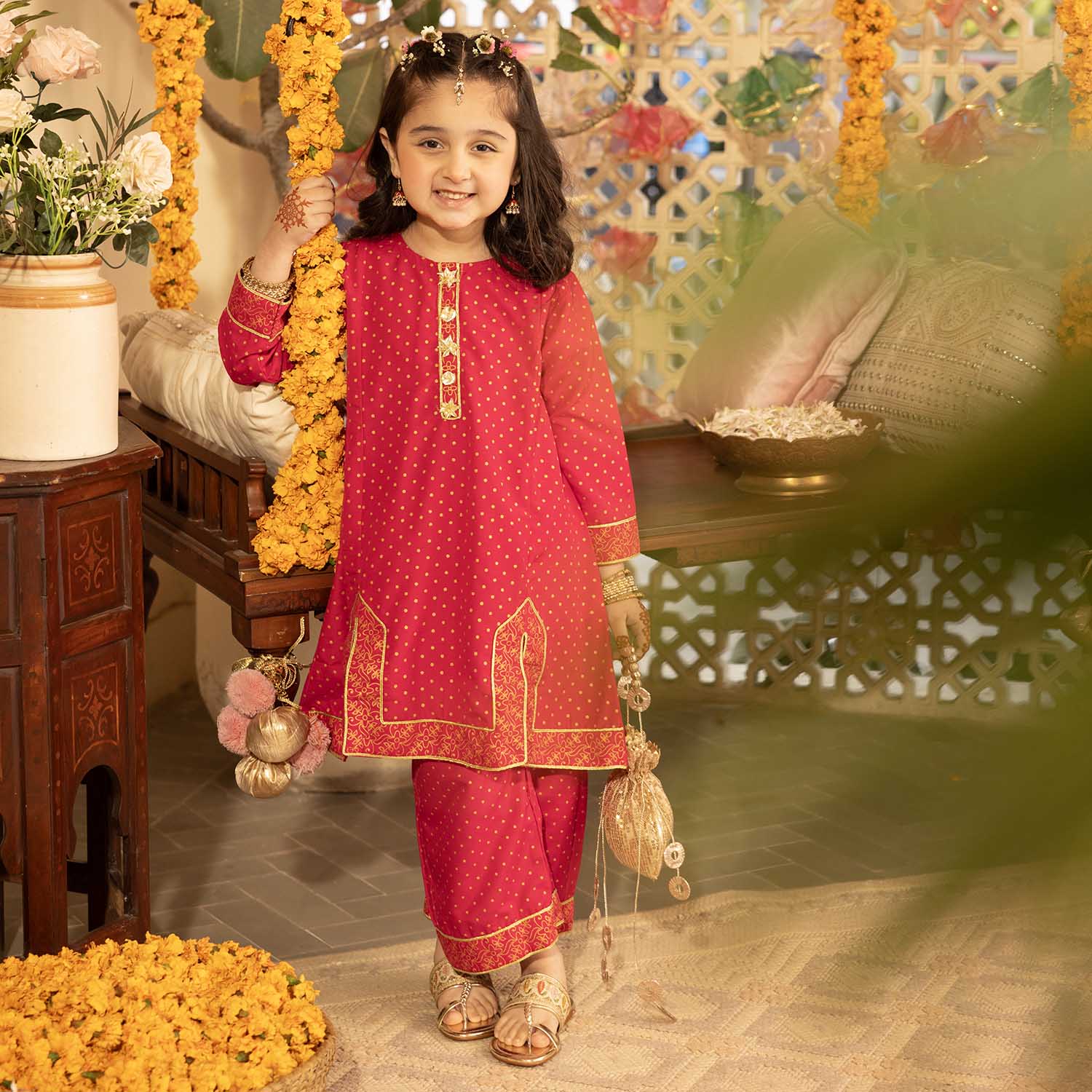 Girls Cotton 2-Pcs Suit (Arzoo) - Bright Pink